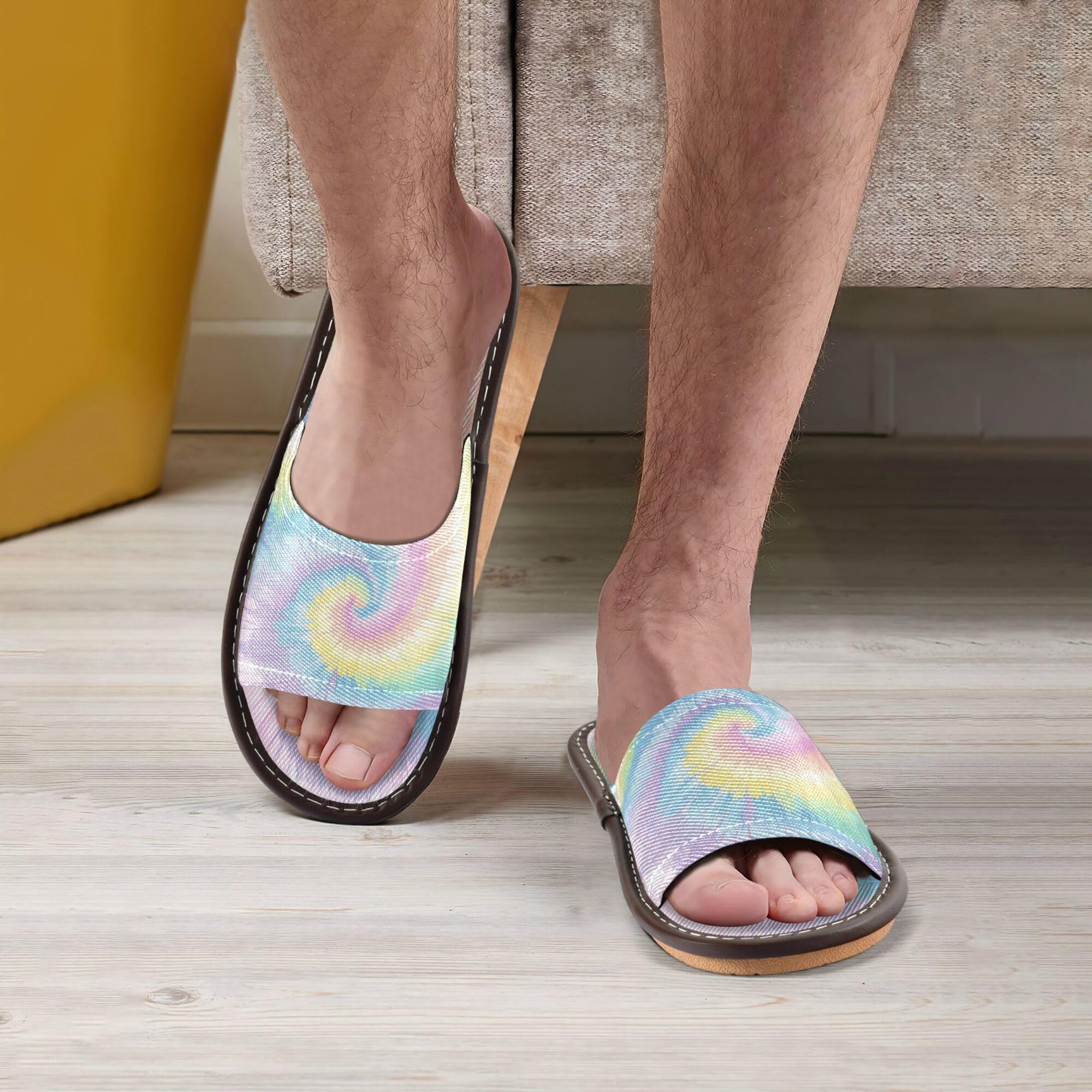 KLL Disposable Slippers Indoor Outdoor Portable Soft Slip on Home Shoes for Pool, Hotel, Travel 6.5-7 Aliceblue Tie-dye Background Rainbow Colors