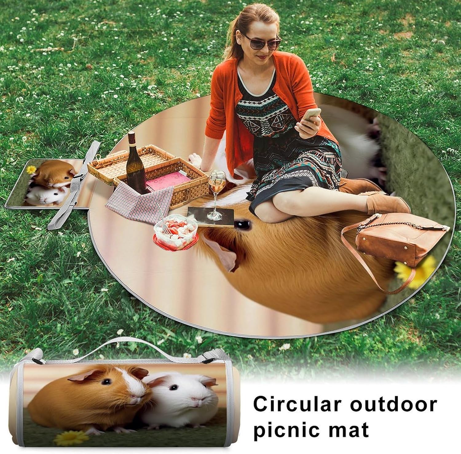 Cute Guinea Pig Round Outdoor Picnic Mat Foldable Waterproof Beach Camping Blanket Outdoor Rug with Sponge Padding