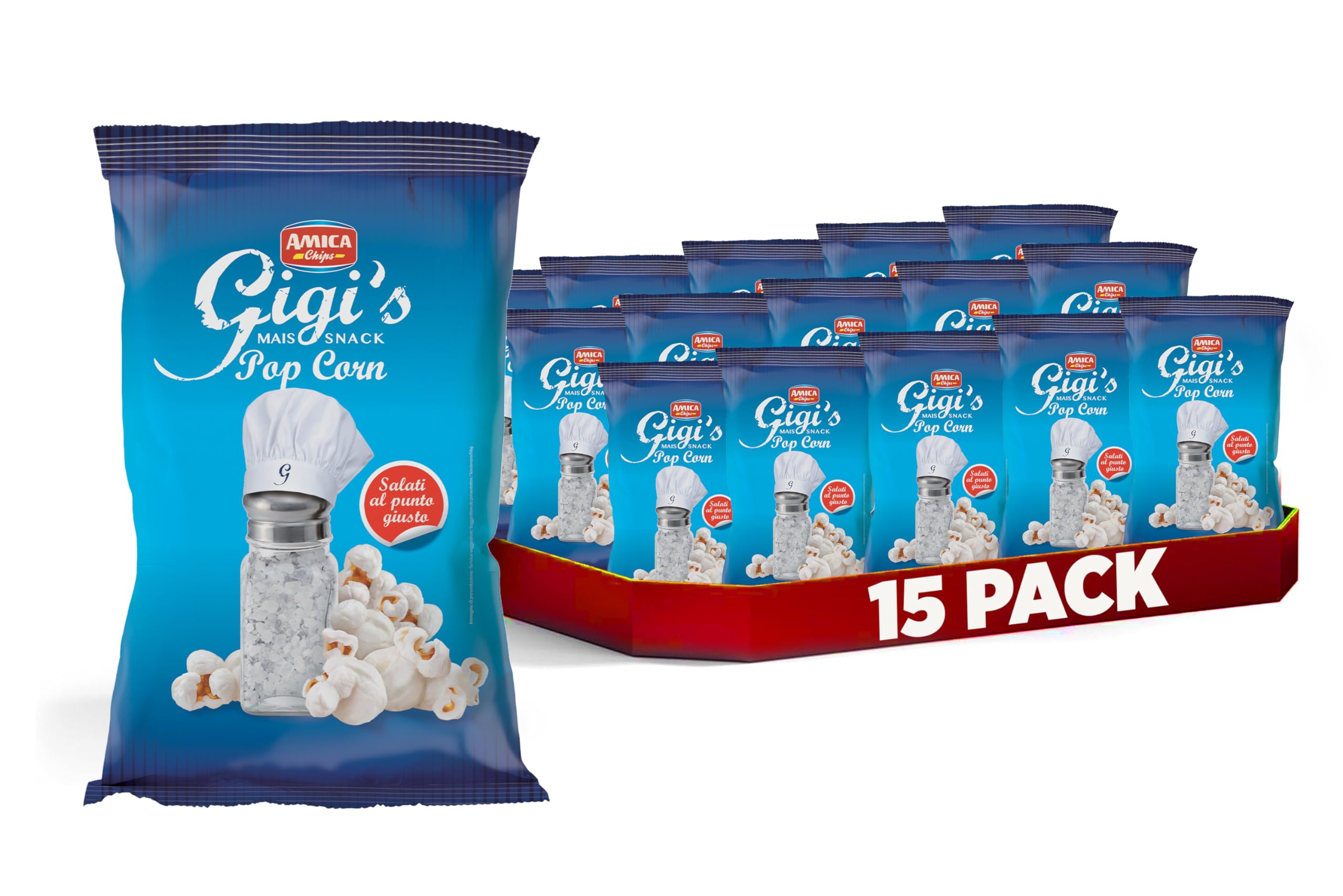 AMICA Chips | Gigi's Pop Corn di Mais, Snack Salati Scoppiati ad Aria, Con Olio di Semi di Girasole, 15 Pezzi x 100 gr