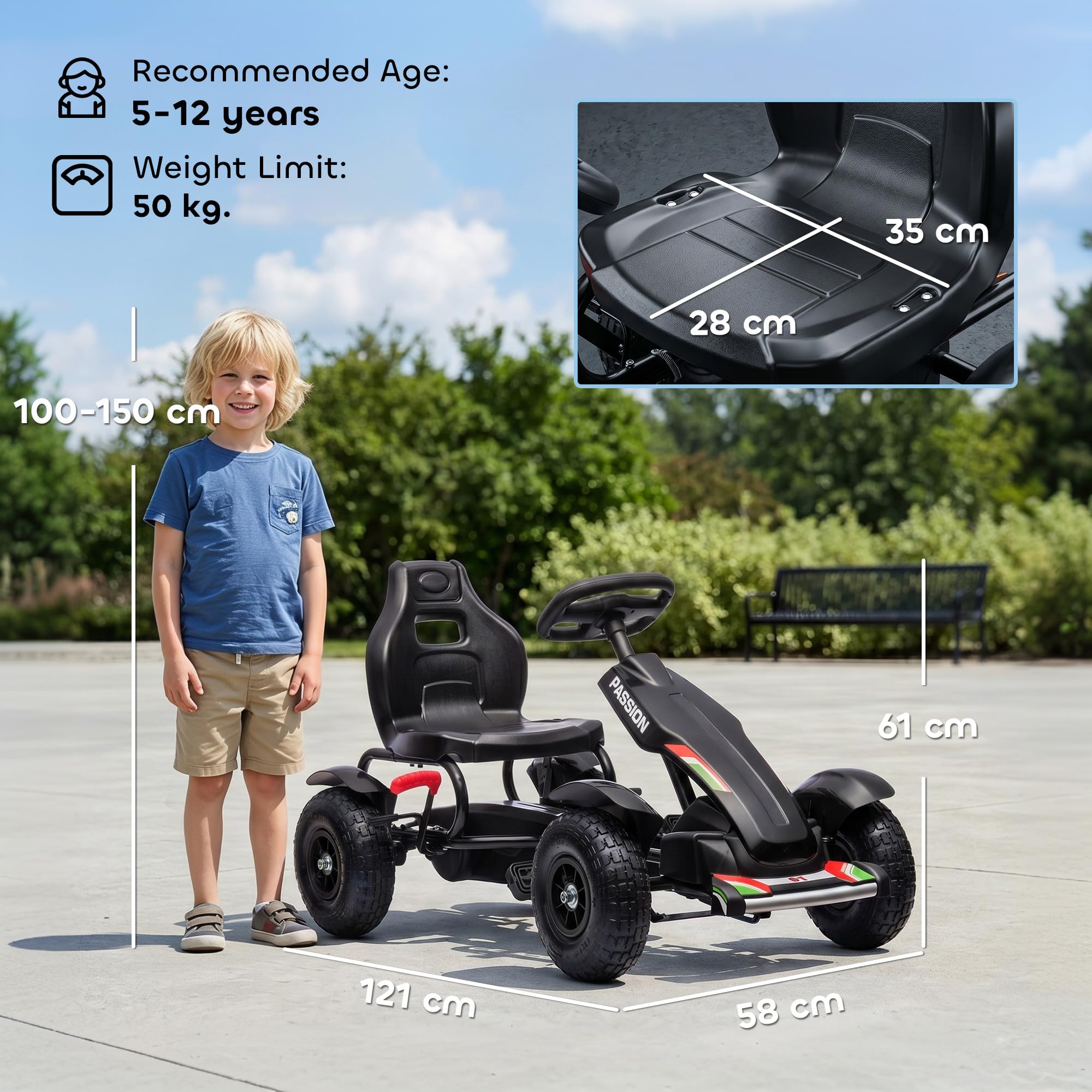 HOMCOM Kart na pedały BFR dla dzieci go-Kart regulowane siedzisko 3 pozycje hamulec ręczny - dzieci w wieku 5-12 lat 121 x 58 x 61 cm czarny