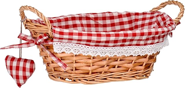 Premier Housewares 1901048 Picnic Basket Bread Basket Wicker Basket Oval Hamper Baskets For Gifts Lining Woven Basket Red H14x W27x D19