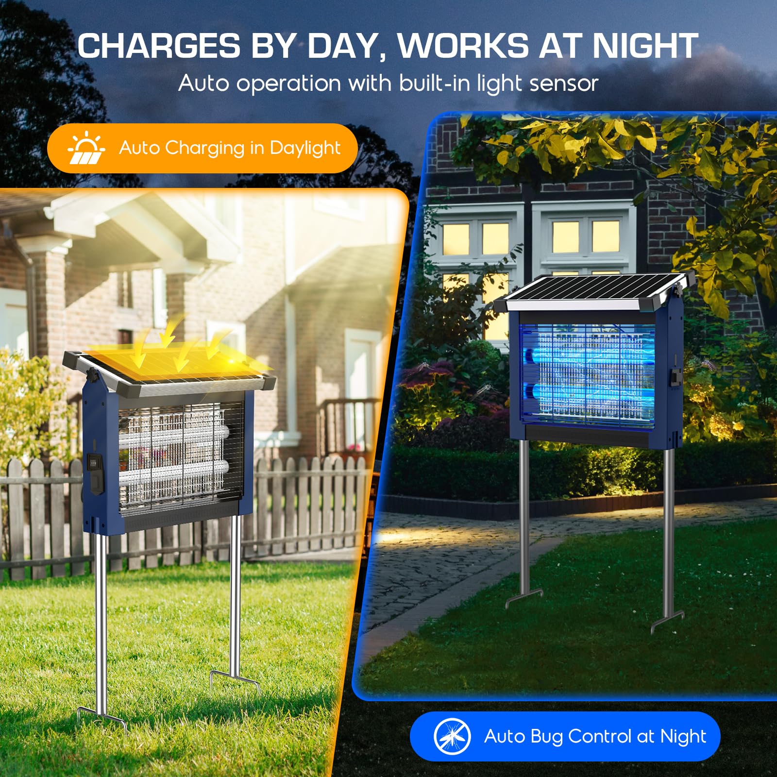 Solar Bug Zapper Outdoor Wasserdicht, 4500V High Power Cordless Mückenzapper mit Smart Light Sensor, Dual Solar & USB Wiederaufladbarer Insektenvernichter für Terrasse, Garten, Hinterhof, Indoor