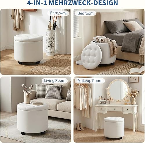 Miniatura 4 de Furniliving Otomana Redonda Tapizada con Botones Acolchados, Otomana Redonda de Almacenamiento de PU, Tapa Removible Reposapiés Convenientes,