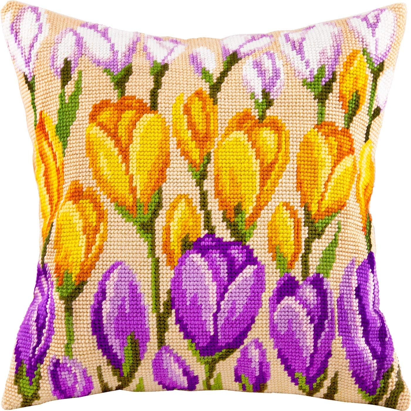 Brvsk Floral Stamped Cross-Stitch Kit for Adults and Beginners — Crocuses 16″ × 16″ with Clear, Precise Printed Design on Cotton Canvas; Includes 2 Needles, Yarn, and Easy-Read Chart