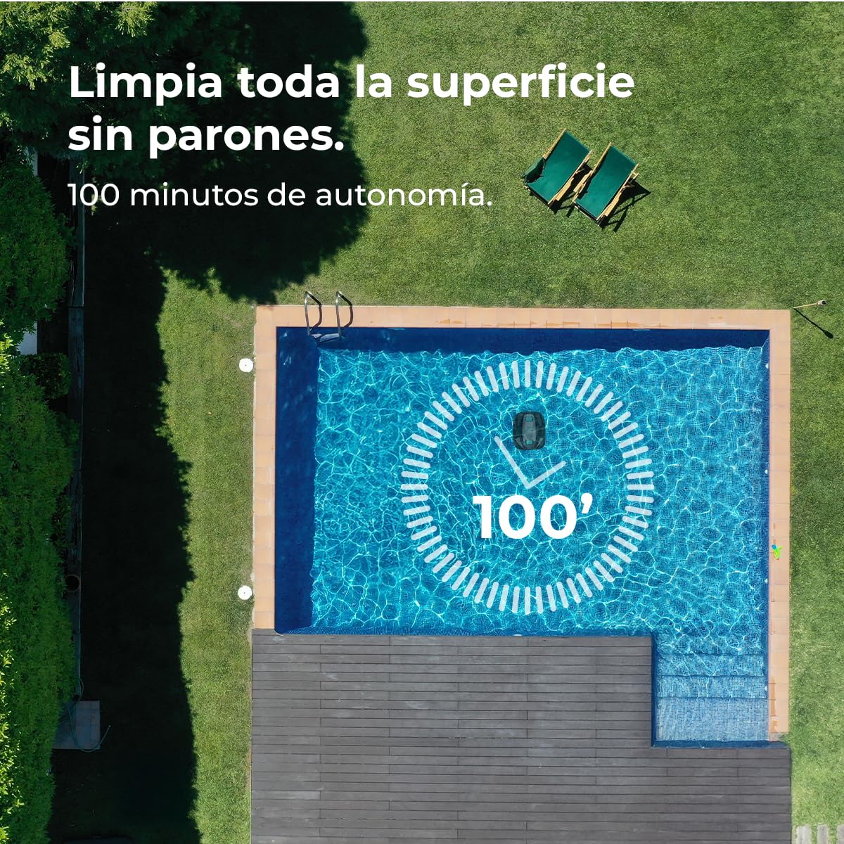 Cecotec Robot Limpiafondos sin Cable para Piscinas sin Pendientes Conga Pooldroid 2000 FloorMaster M. Superficies 80m2, Profundidad Máxima 2,5m, Autonomía 100mins, Filtro Alta Eficiencia 100μm, 2,5L