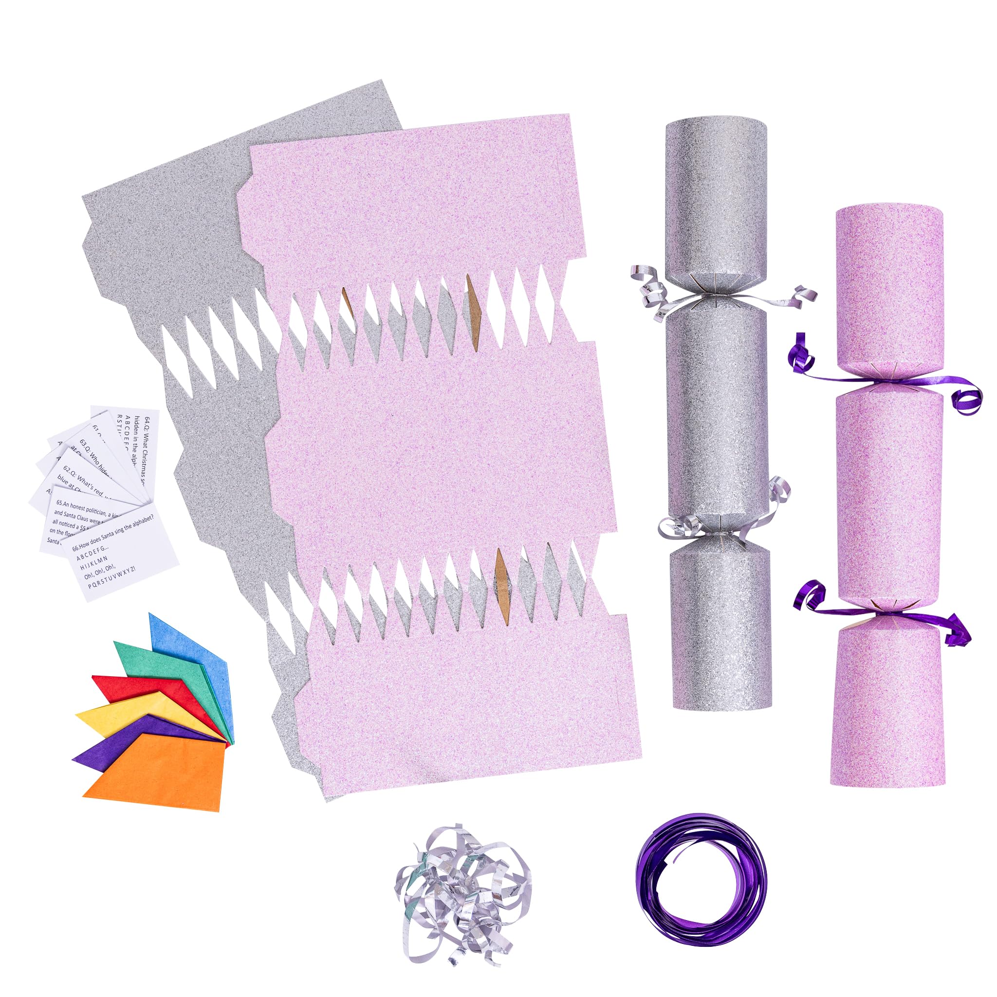 evelay 12 Make Your Own Christmas Cracker Kit DIY Baby Pink & Silver Glitter Crackers Hats Snaps Jokes (Baby Pink, Silver)