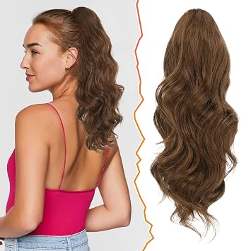 BARSDAR 16 Inch Drawstring Ponytail Extension - Short Wavy Drawstring Ponytail Hair Extensions for Women - Synthetic Fake Clip in Pony Tail Hairpieces Daily - Brown & Auburn Mixed