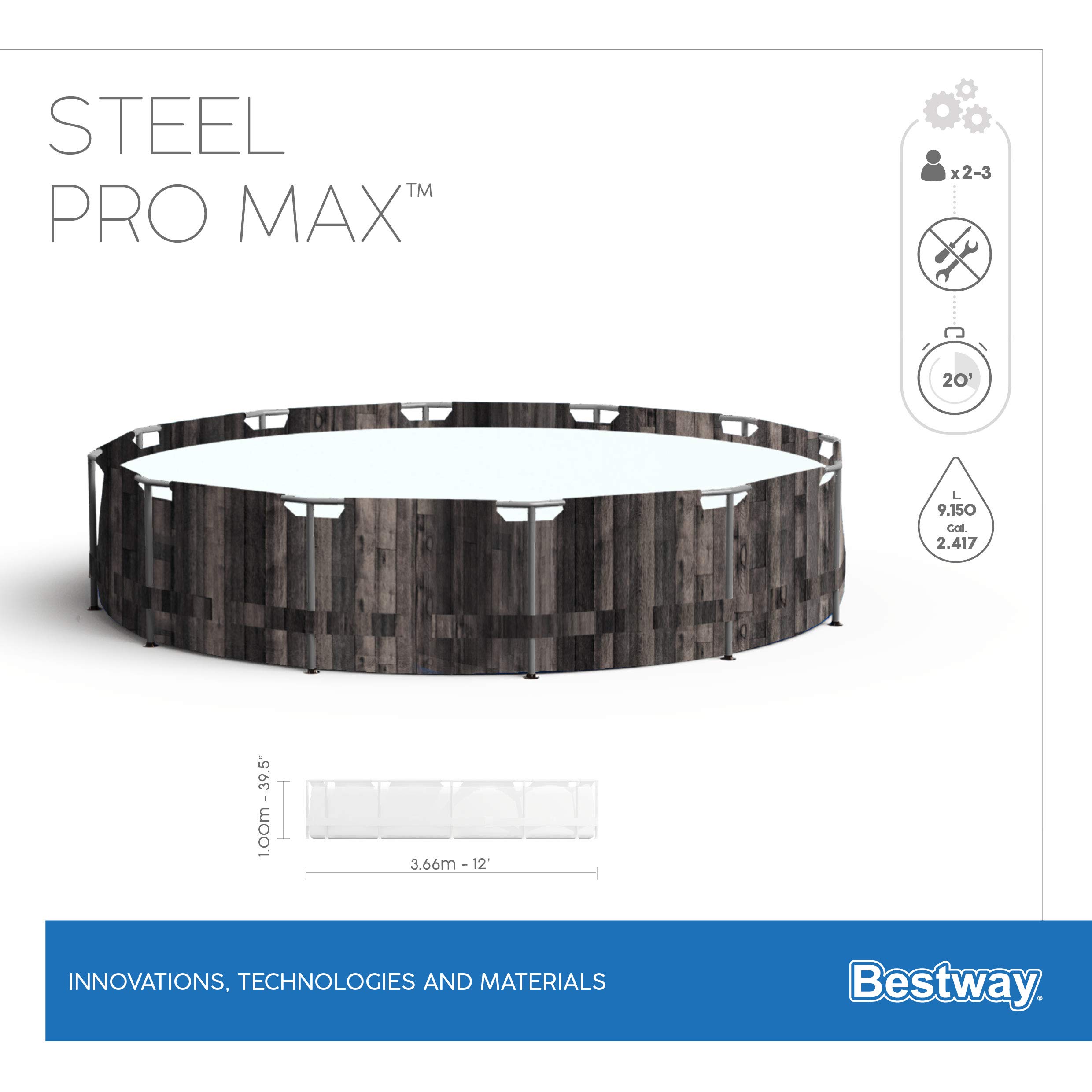 Bestway Steel Pro MAX - Set per piscina con pompa filtro, Ø 366 x 100 cm, effetto legno (quercia), rotondo
