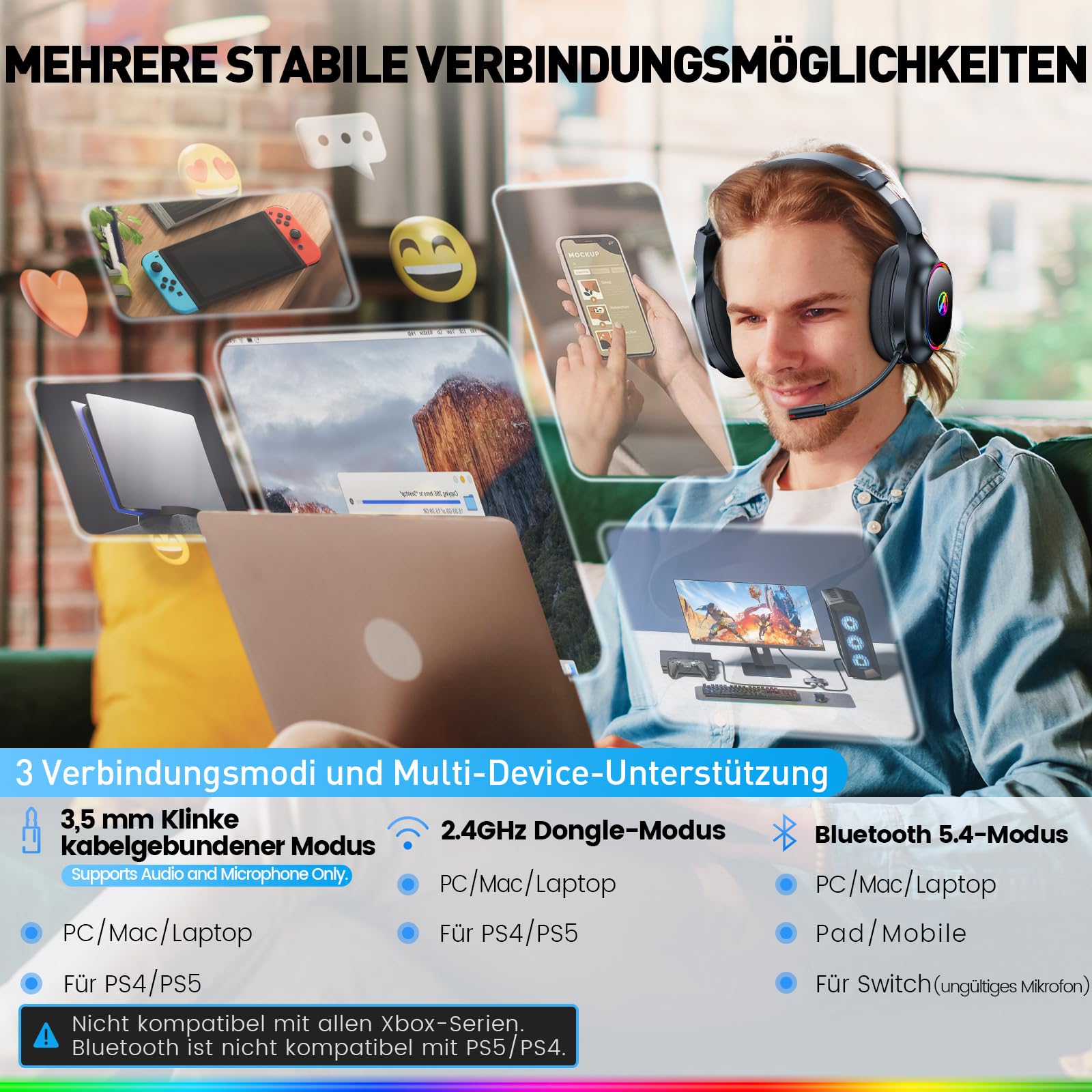 Wireless Gaming Headset für PS4, PS5, PC, Mac, Switch, 2,4 GHz Gaming Kopfhörer mit Geräuschunterdrückung und RGB Licht, Bluetooth Kopfhörer mit Kabel 3.5mm, Schwarz