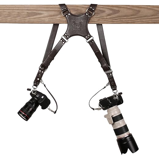 Ledereign Leather Dual Camera Strap with Snap Shackle Hooks | Double Camera Belt