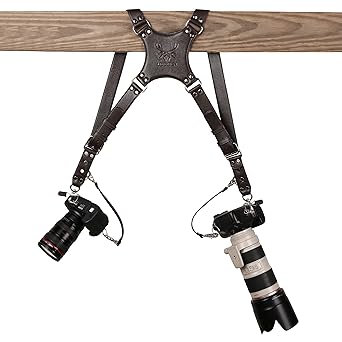 Ledereign Leather Dual Camera Strap with Snap Shackle Hooks | Double Camera Belt