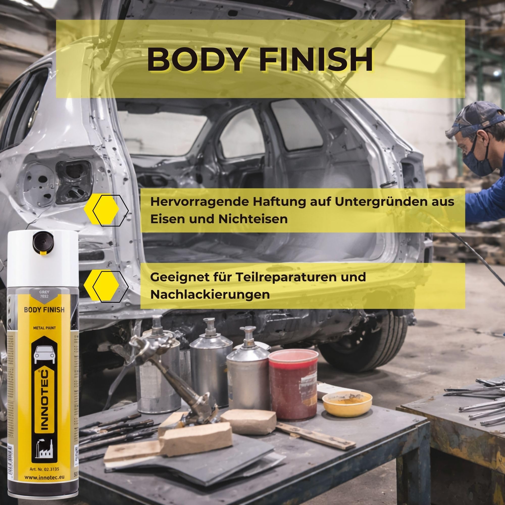 2 Stück INNOTEC Body Finish 500 ml Grau – 1K-Acryl-Premium Grundierlack für das Lackieren von reparierten oder ersetzten Blechteilen an PKW, LKW & Maschinen – korrosionsschützender Reparaturlack