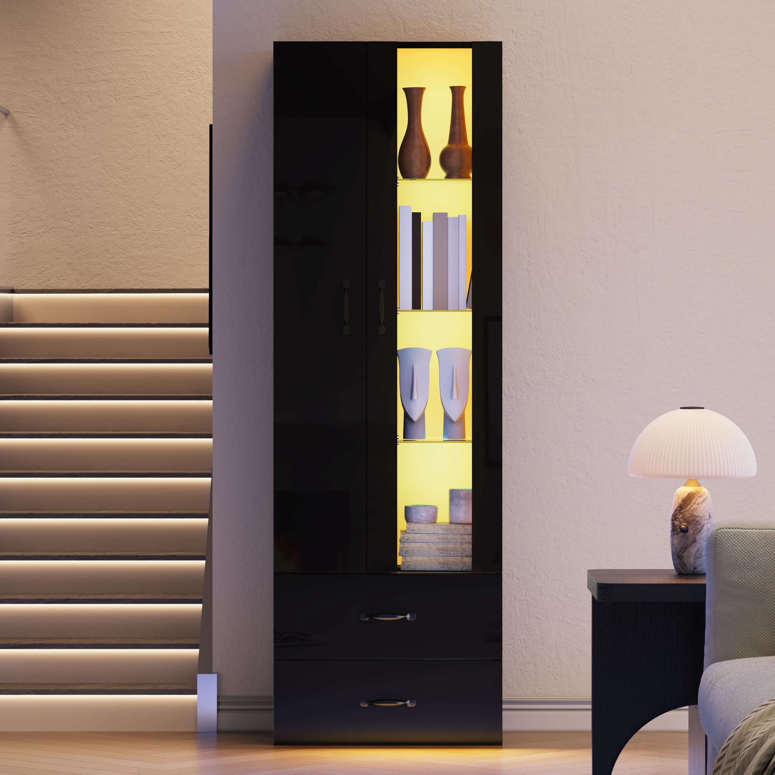 Soweiz LED-beleuchtete Vitrine, 2 Türen, Standvitrine mit transparenter Tür, freistehende Wohnzimmer Wohnzimmerwand LED-Vitrine Schrank Buffetschrank, Schwarz