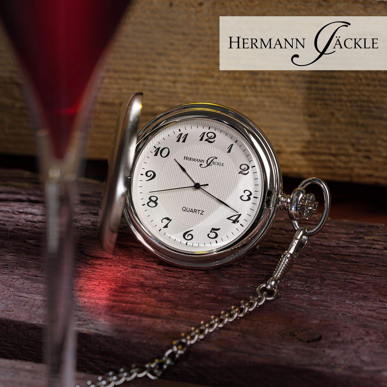 Hermann Jäckle Herren Taschenuhr Todtnau Quarz Silber 50 mm | Quarzwerk, Sprungdeckel, großes Zifferblatt mit arabischen Zahlen, inklusive Kette und Reiseetui