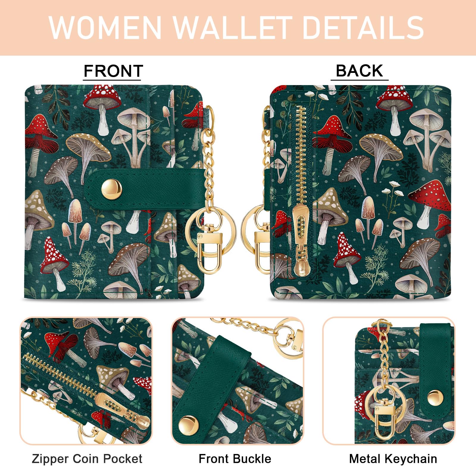 Jogjam Rfid Ladies Wallet, Small Slim Thin Compact Credit Card Women Wallet, PU Leather Bifold Cash Zipper Coin Pocket ID Window for Female: Mushroom Green