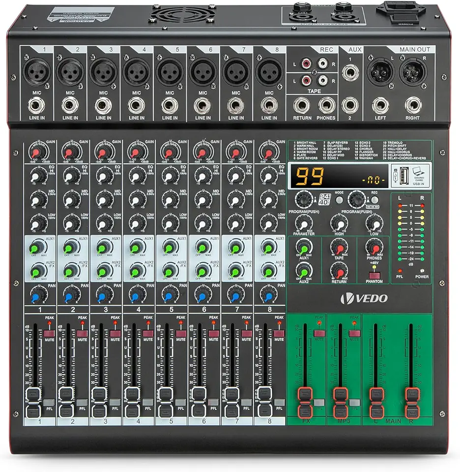 Mesa de Som Amplificada de 8 Canais com 99 Efeitos DSP, Amplificador de 500W×2, Bluetooth, USB/MP3, Phantom Power de 48V, EQ de 5 Bandas - Mesa de Mixagem Profissional