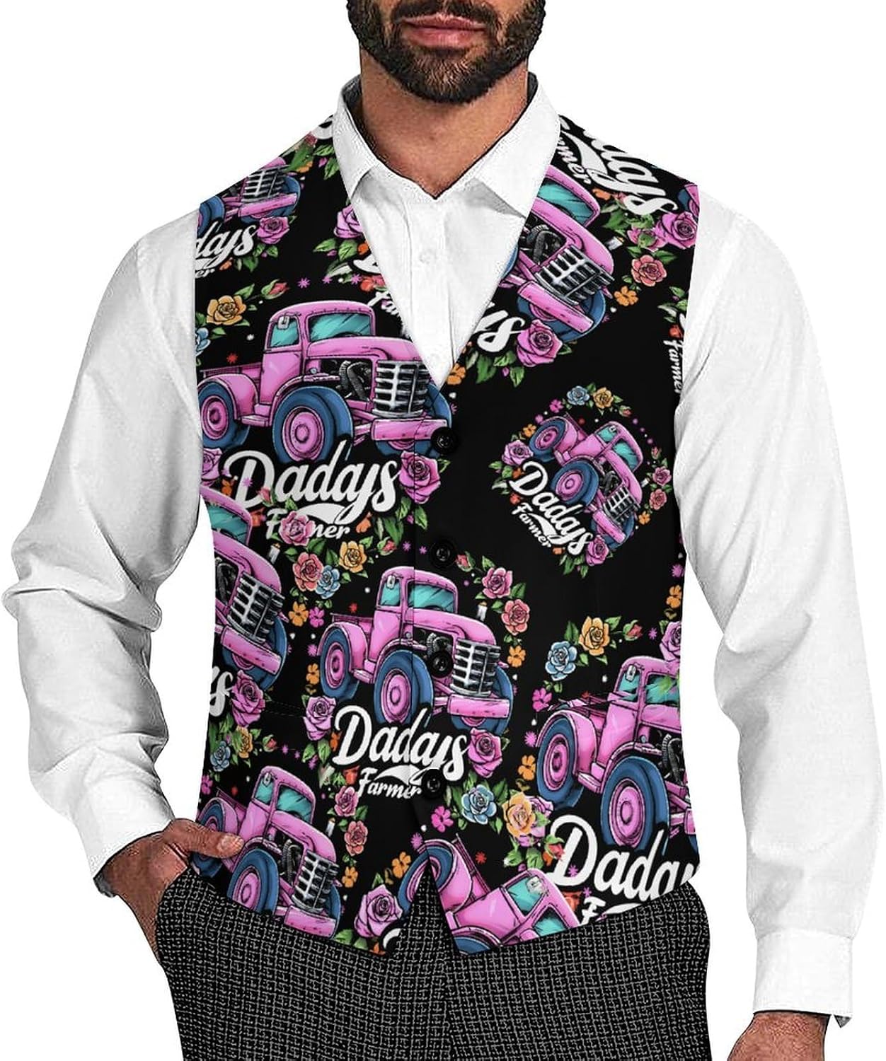 Daddys Farmer Tractor Flowers Men's Suit Vest Formal Vests Casual Dress Fit Waistcoat Casual Tuxedo for Business
