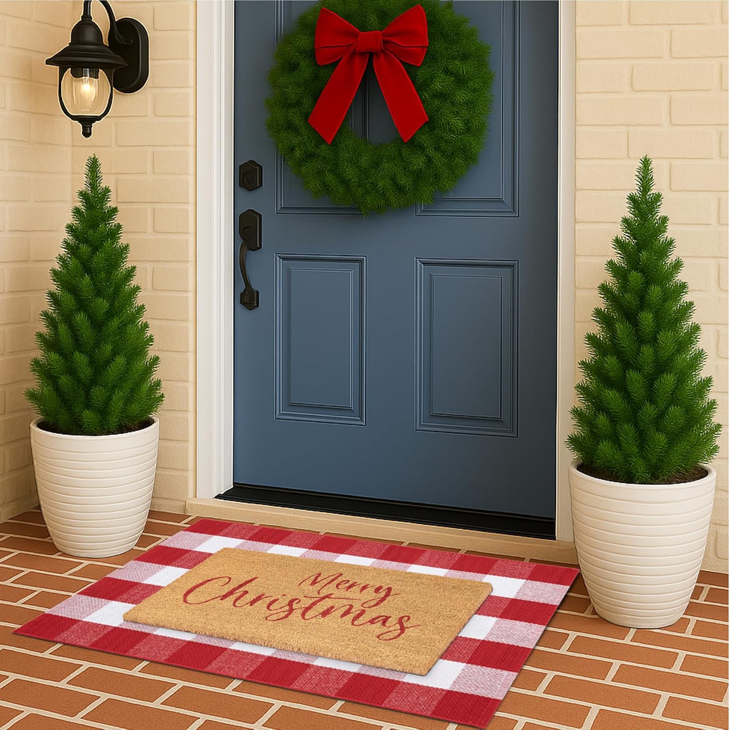 Christmas Door Mat Set, 2-Piece Layered Front Porch Welcome Mat Combo with Red White Plaid Rug and Coir Doormat, Outdoor Entryway Decor for Holiday Porch, Patio, Garden
