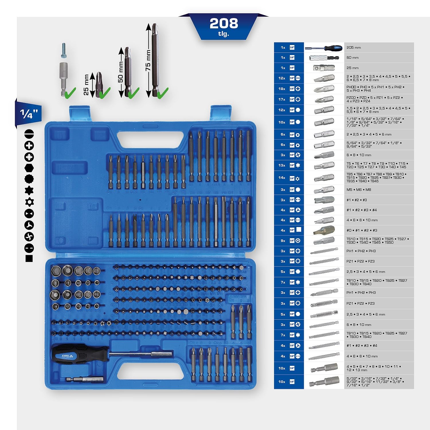 BRILLIANT TOOLS BT053208 Juego de puntas, 208 pzs [Powered by KS TOOLS]