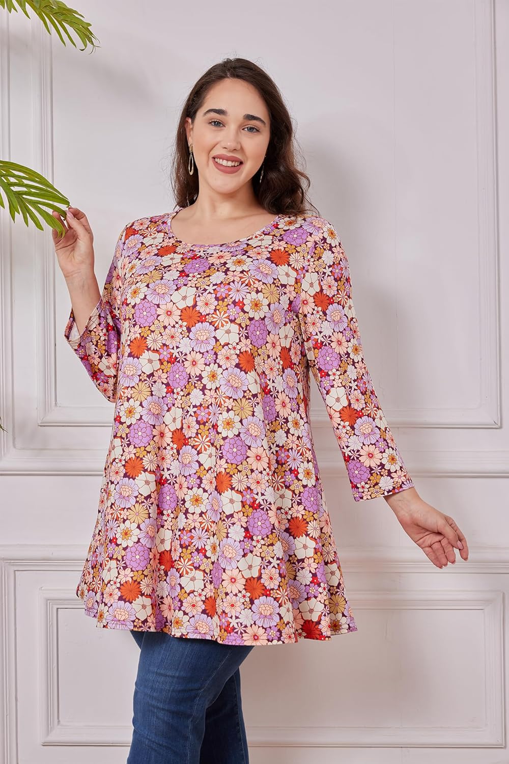 Womens Plus Size Tunic Tops 3/4 Sleeve Loose Fit Dressy Top Blouses Casual Floral Swing Fall Tunics for Leggings 1X-6X - Image 4