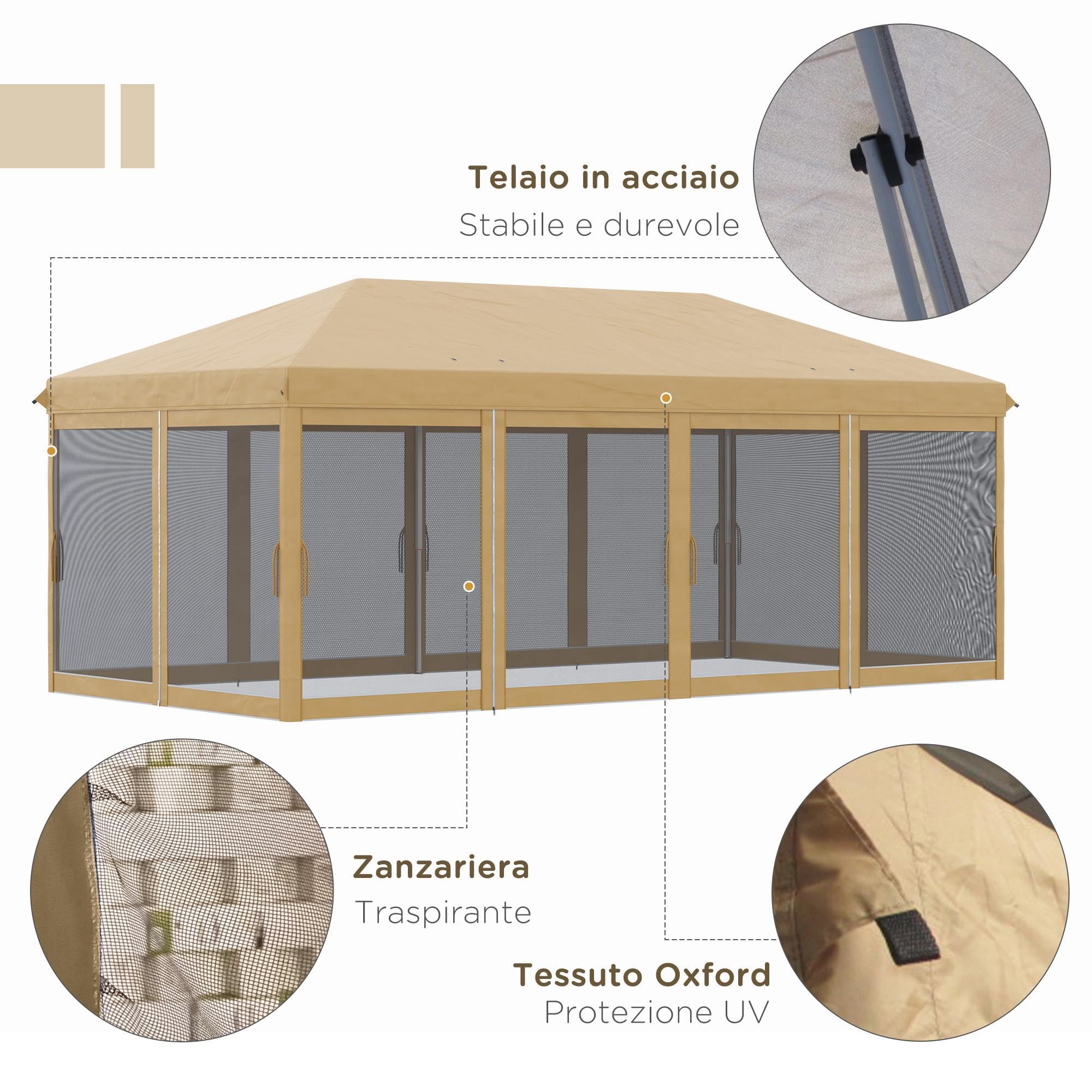 Outsunny Gazebo Pieghevole 6x3 Pop Up con Zanzariere, Acciaio, Tessuto Oxford, Beige