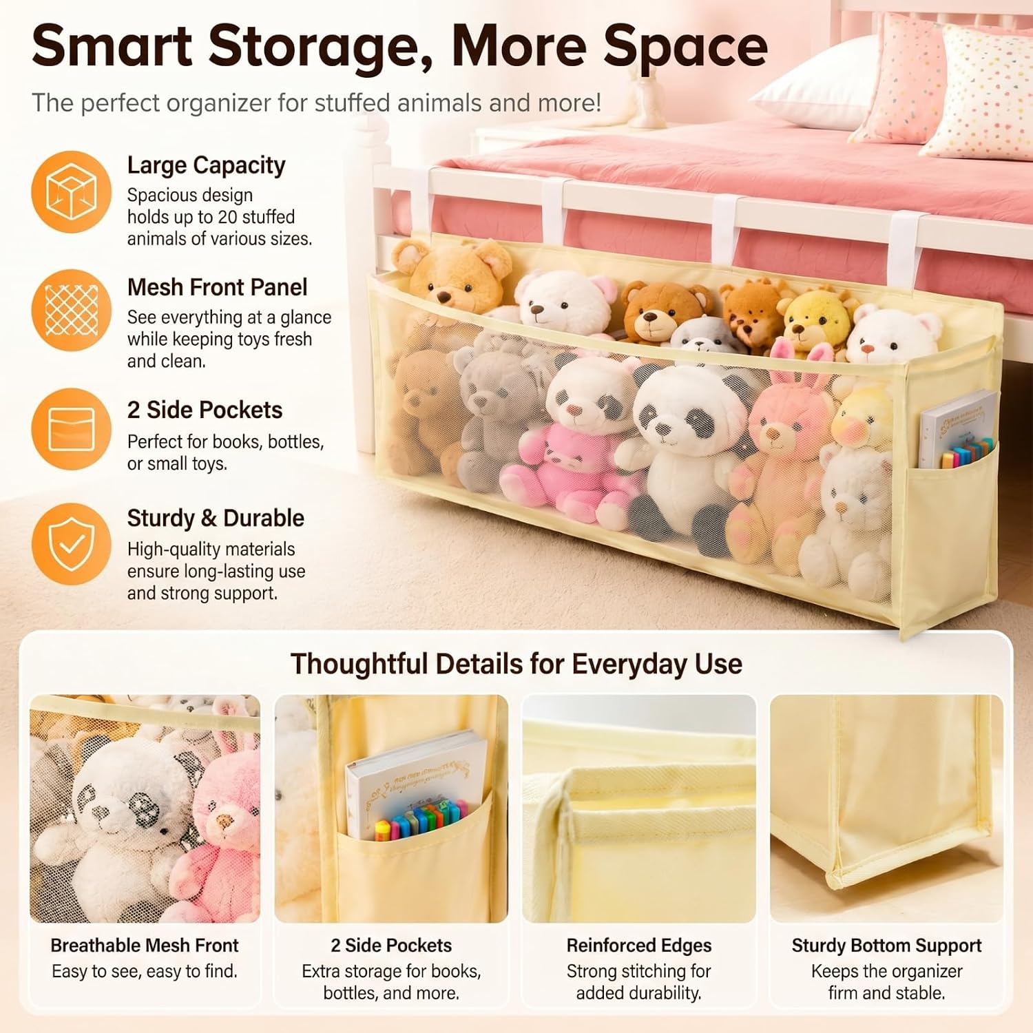 Beeveer Stuffed Animal Organizer for Bedside, Large Capacity Plush Toy Storage with Mesh Front, 2 Side Pockets & Reinforced Support, Hanging Toy Organizer Saves Floor Space for Kids Bedroom, Beige