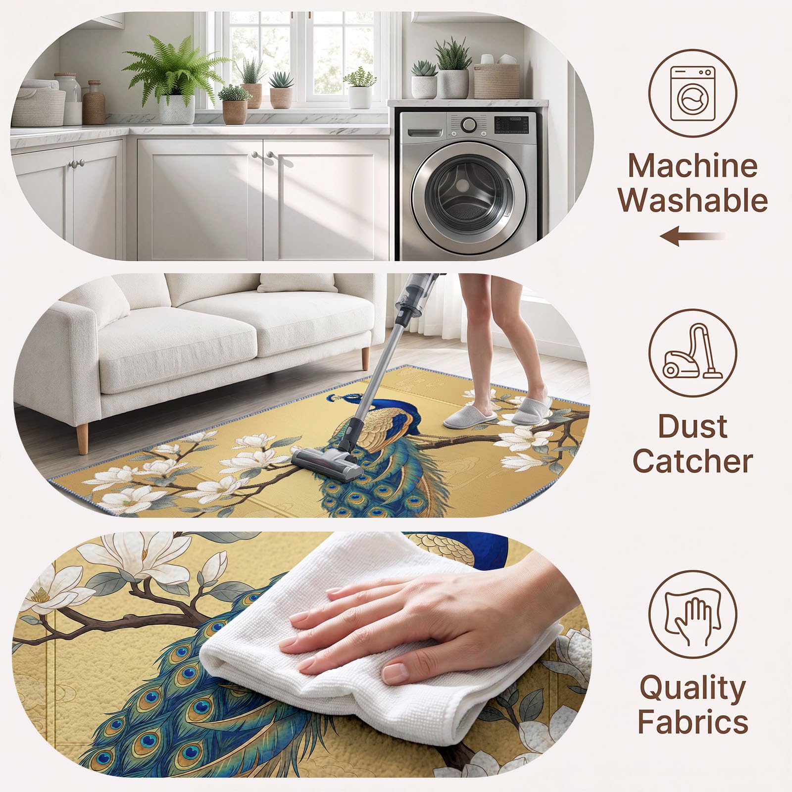 Tapis Salon 180x270cm Paon Style Chinois Lavable en Machine