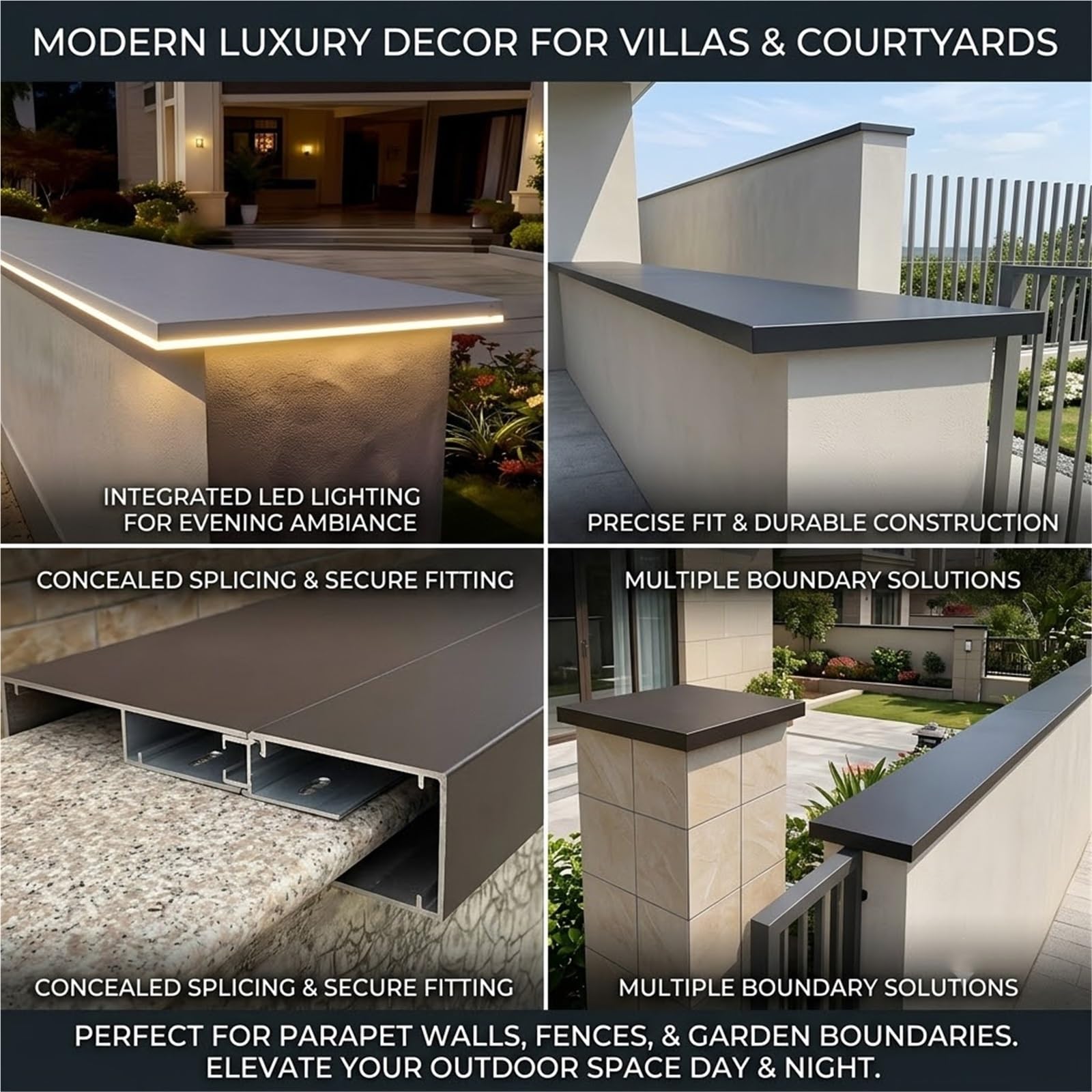 Cubremuros Aluminio Vallas Parapetos Jardín Cubiertas | Muros 13-30.5cm, canal LED integrado, doble borde vierteaguas inti-manchas, base de acople sin costuras muro