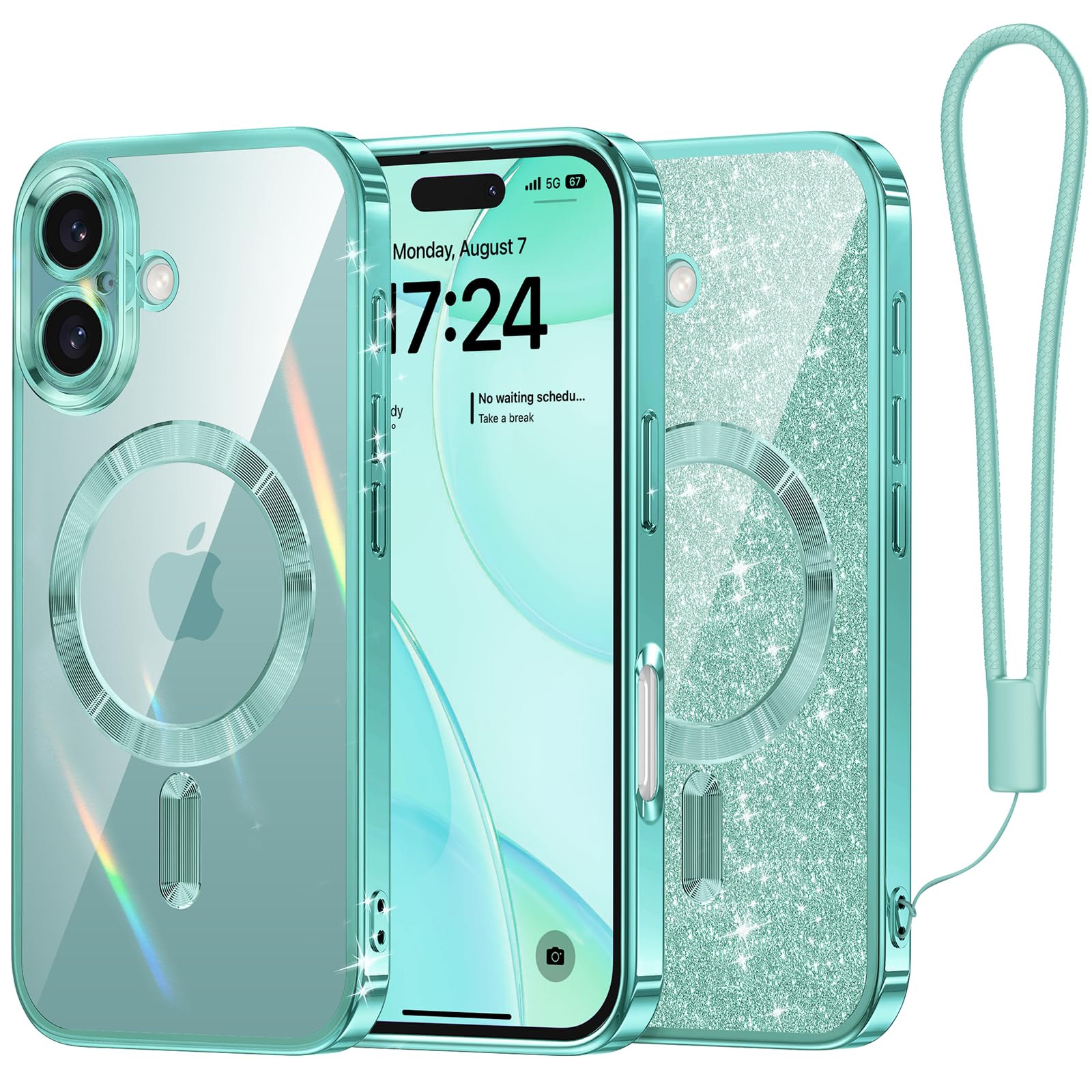 Coque iPhone 16 Plus antichoc bleu sarcelle compatible MagSafe avec dragonne