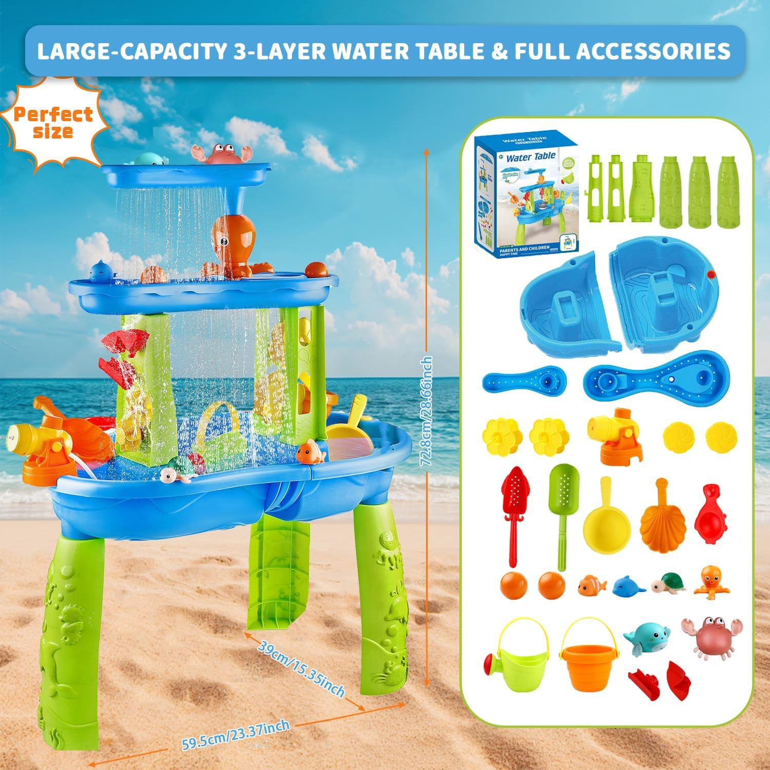 Water Table for Toddlers 1-3, 3-Tier Kids Water Table with Swimming Dolphins & Crabs, Water Tables for Toddlers 3-5, Rain Showers Splash Pond, Activity Sensory Play Table for Boys Girls