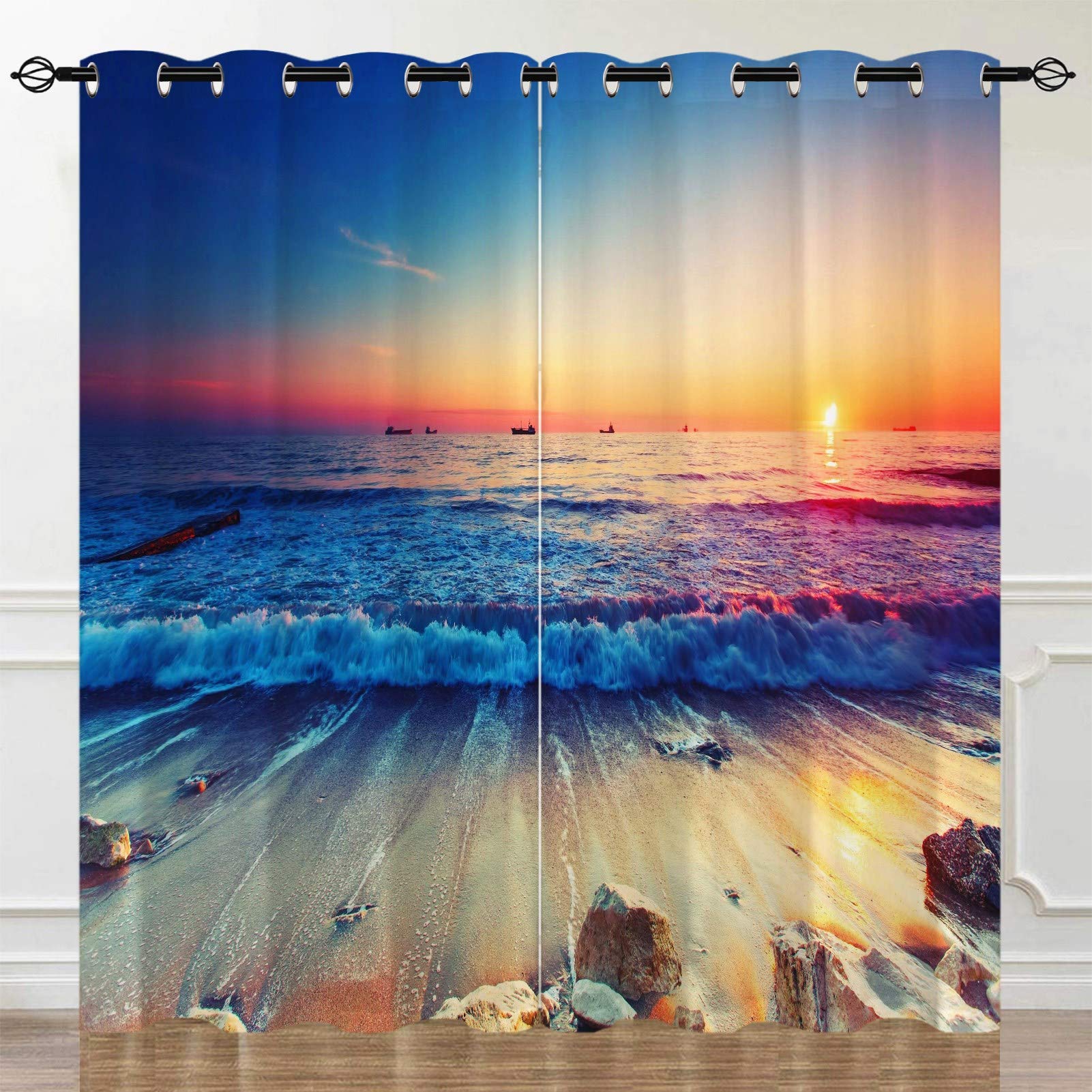 Yuanzu Multi 18 Tropical Ocean Curtains - Sunset Scenery Wave On Sea Sand Beach Print Pattern Eyelet Blackout Thermal Insulated Window Drapes For Living Room Bedroom W117cm X D183cm 2 Panels