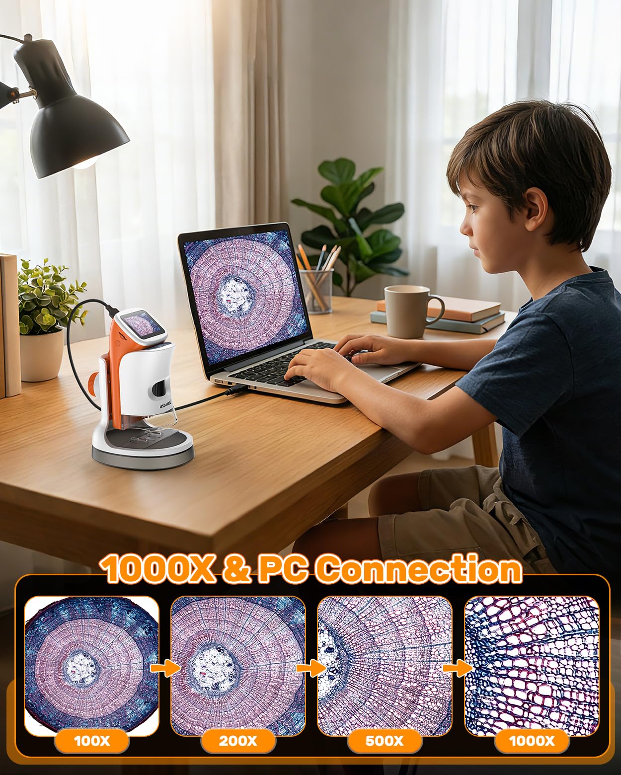 Microscopio para niños con pie: microscopios digitales de mano 100-1000x: Pantalla LCD 4K 2.0 Pulgadas USB portátil Microscopio de bolsillo, con kits científicos, 15 diapositivas, tarjeta de memoria
