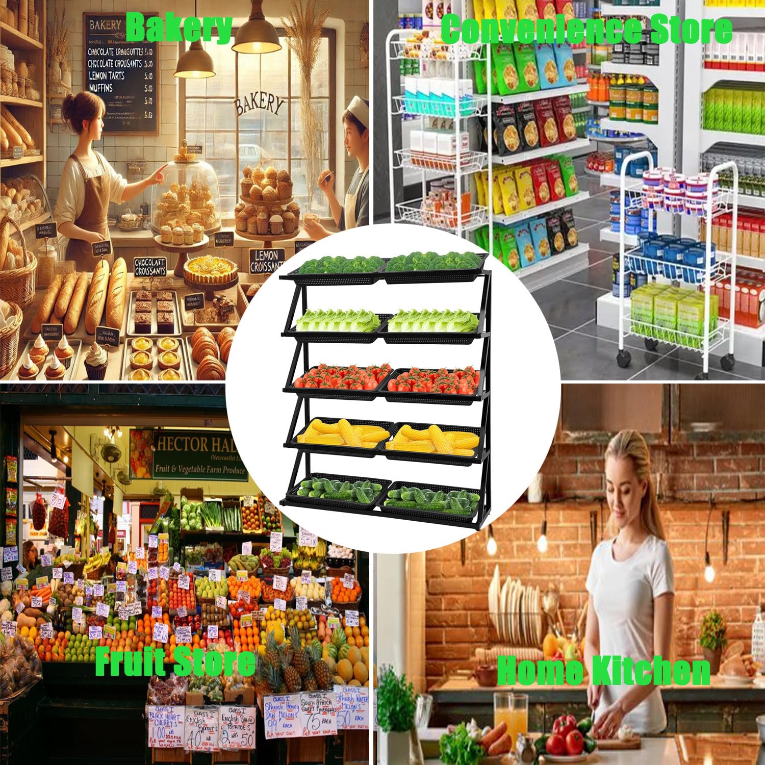 Support De Panier De Fruits Et Légumes à 4/5 Niveaux, étagère De Rangement De Panier De Magasin De Détail, Support De Fruits De Supermarché Commercial, Présentoir De Collations Green-5Tier
