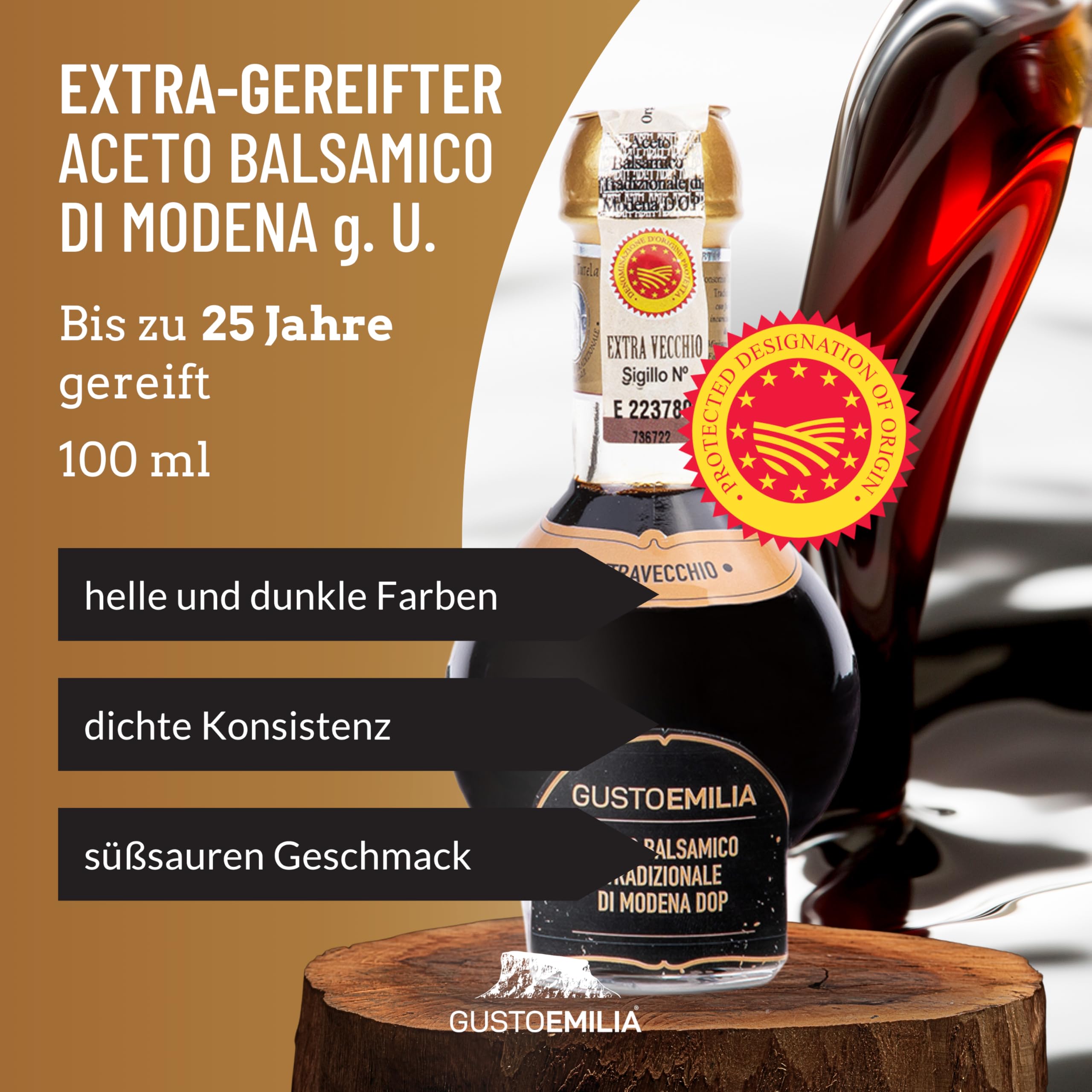 GUSTOEMILIA Traditioneller 25-jähriger, extra gereifter Aceto Balsamico di Modena IGP, Italienischer Balsamico Essig, Perfekte Kombination mit gereiftem Parmigiano Reggiano - 3,38 Fl Oz