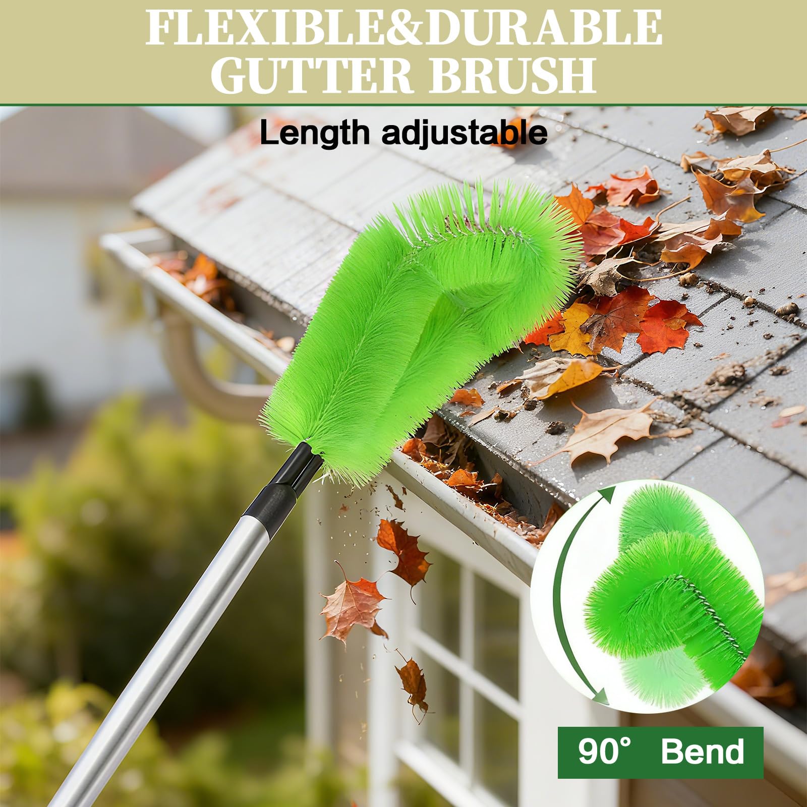 Nettoyeur de gouttières 400 cm - Brosse et cuillère de nettoyage 2 en 1 - Nettoyeur de gouttières avec manche télescopique pour nettoyer les feuilles, les fenêtres, les lustres