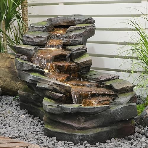 49" L Garden Outdoor Water Fountain 5-Tiers Rock Natural Waterfall Fountains Floor Standing Water Features with LED Lights for Patio, Porch, Home Art Decor