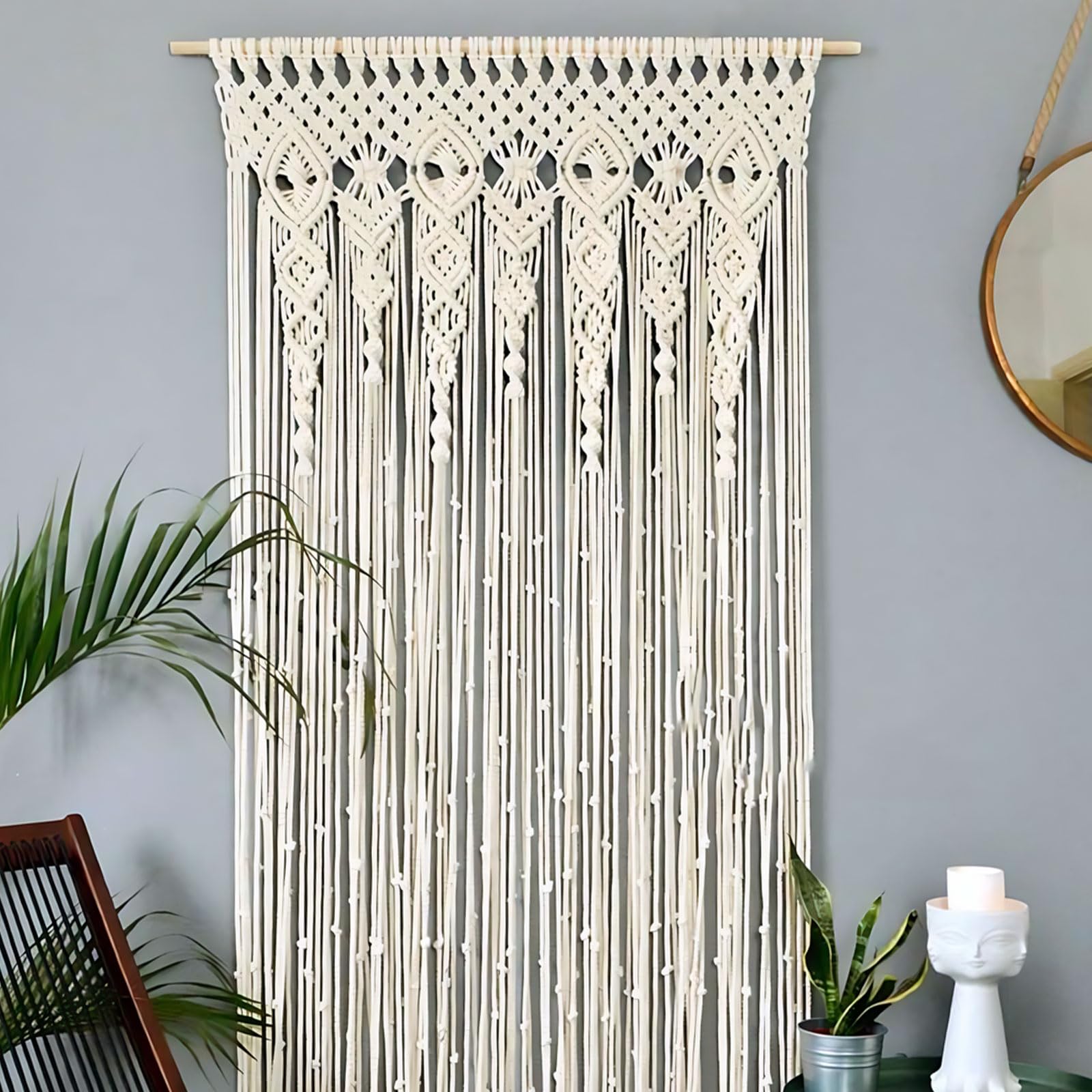Makramee Wandbehang Tapisserie, Boho Handgewebte Makramee Türvorhang Vorhang, Hochzeits Vorhang Boho Wand Deko für Raumteiler, Fenstervorhänge, Hochzeitshintergrund, Inneneinrichtung,Beig (35x70in)