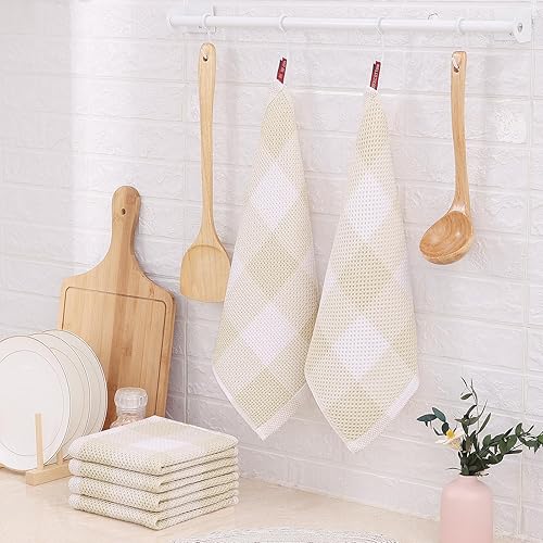 Miniatura 7 de Homaxy Toallas de cocina a cuadros de 100 % algodón, 13 x 28 pulgadas, súper suaves y absorbentes, para secar platos, paquete de 4, blanco y beige