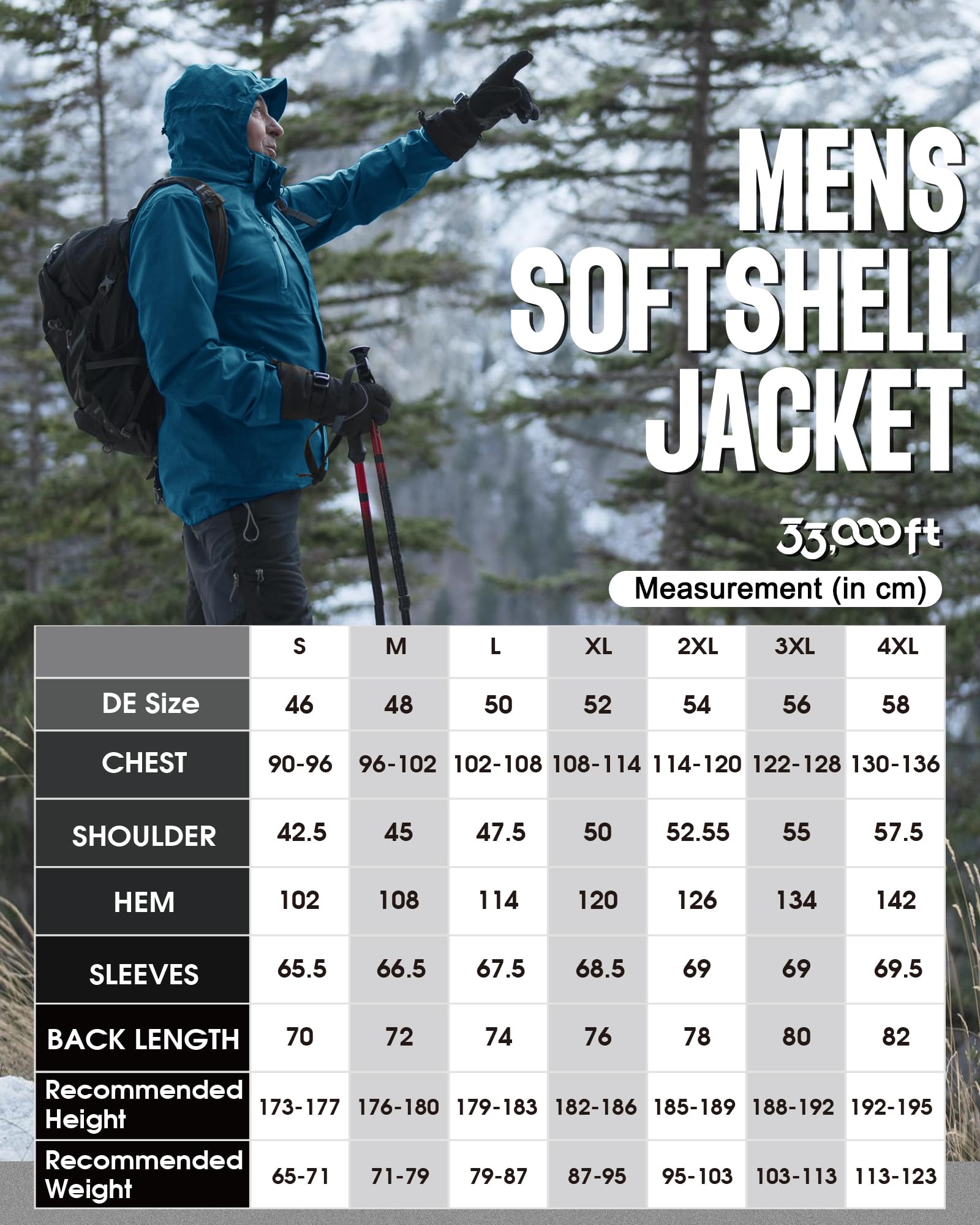 33,000ft Veste softshell pour homme - Imperméable et coupe-vent - Veste fonctionnelle respirante - Veste de cyclisme légère avec capuche - Sans doublure en polaire