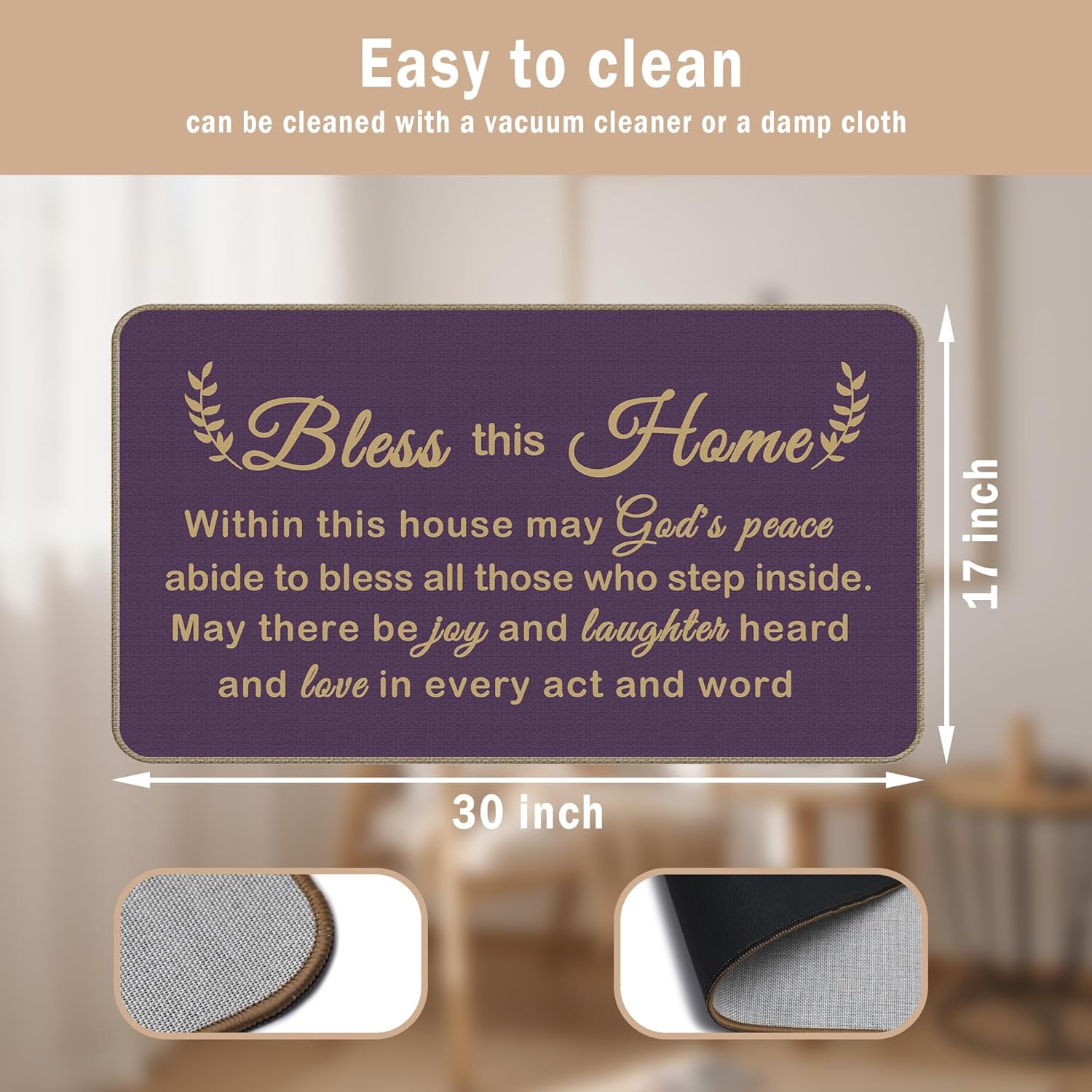 Bless This Home Decorative Indoor Outdoor Doormat,House Warming Gifts Front Door Mat 17x30 Inch Religious Decoration Welcome Mat - for Home Entrance, Outside Entry, Yard, Floor, Patio（Purple）