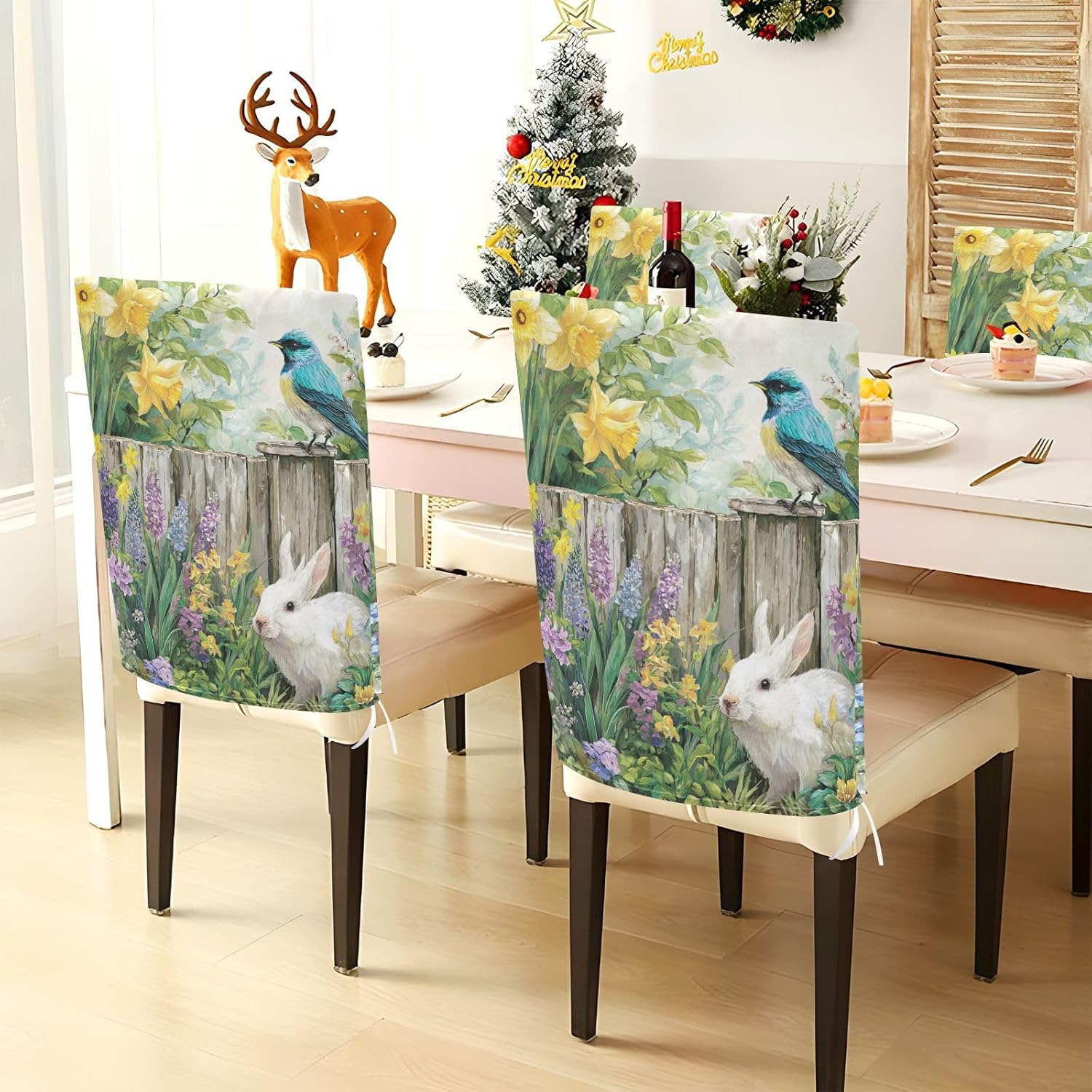 ALAZA Easter Rabbits Birds Spring Flowers Chair Back Cover Set of 6, Washable Reusable Removable Chair Slipcovers Decorative Chair Cover for Home Kitchen Wedding Party