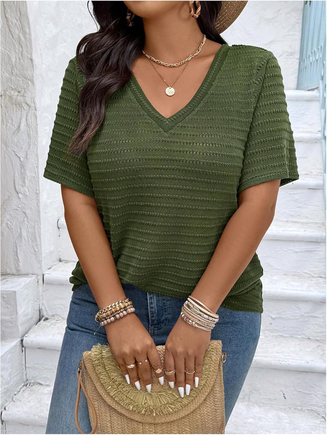 Women's Plus Size Drawstring Back Backless T Shirts V Neck Short Sleeve Textured Tees Casual Summer Tops - Image 5