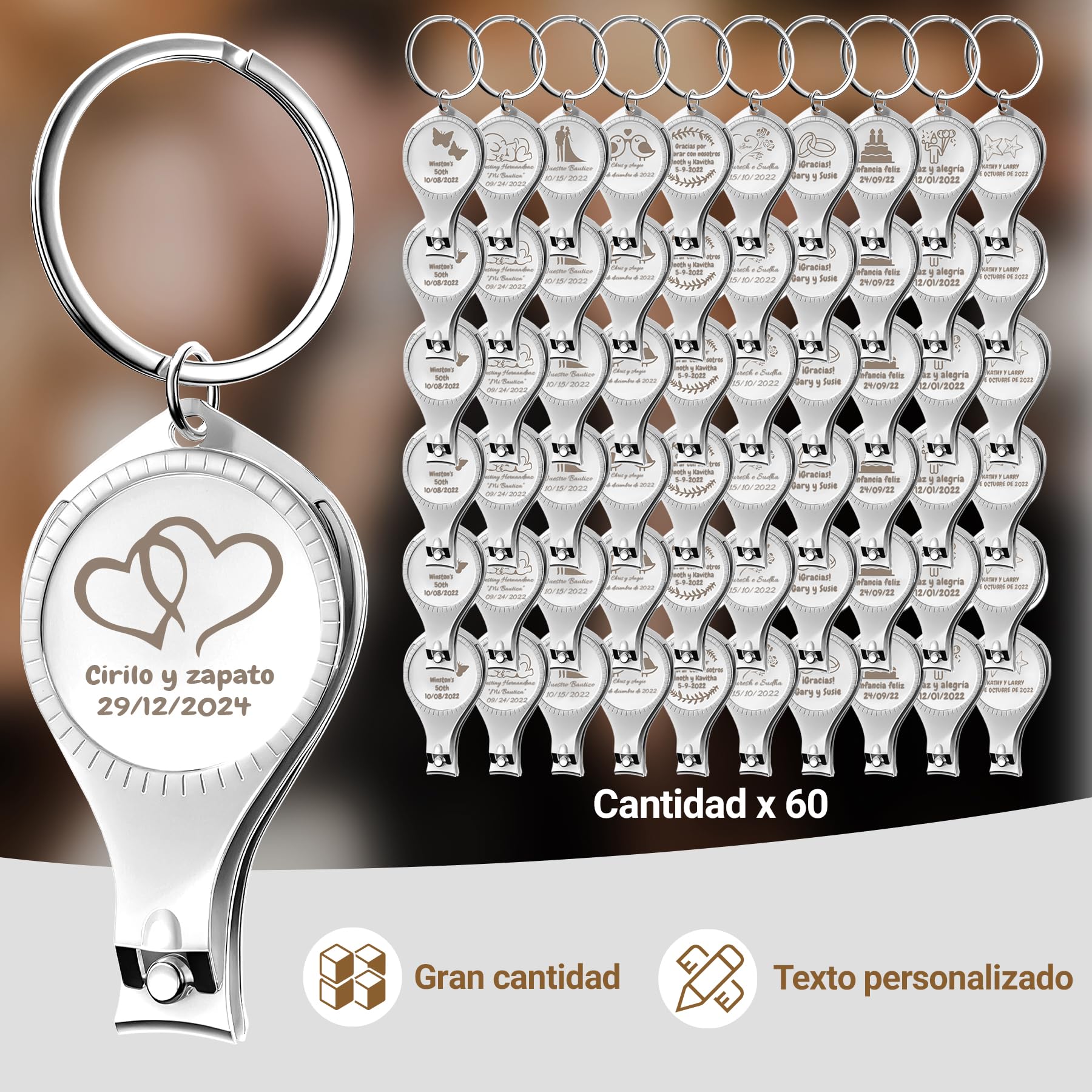 60 abrebotellas multifunción 4 en 1, cortaúñas, regalos de boda, personalizable, plateado, regalos multiherramienta para hombres