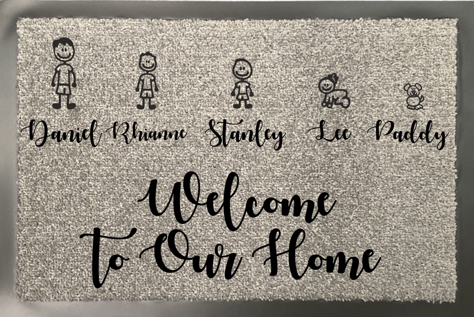 One of Kind UK Personalised Personalised Grey Door Mat 40x60cm – Custom Stick Figure Family Welcome Mat with Names Non Slip Rubber Back, Machine Washable Nylon, Indoor Doormat, Hallway, Bathroom