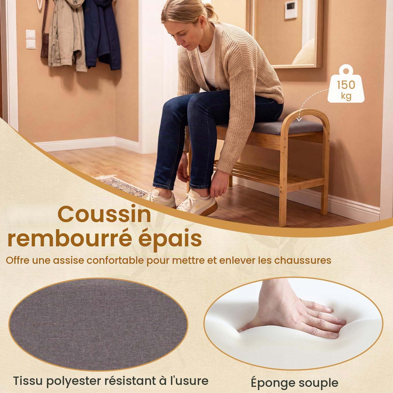 SOARS Banc à Chaussures pour Entrée de Rangement avec Coffre, Banc Étagère à Chaussures en Bambou avec Coussin Rembourré 2 Niveaux, pour Couloir, Chambre, Salon, 70 x 30 x 51 cm
