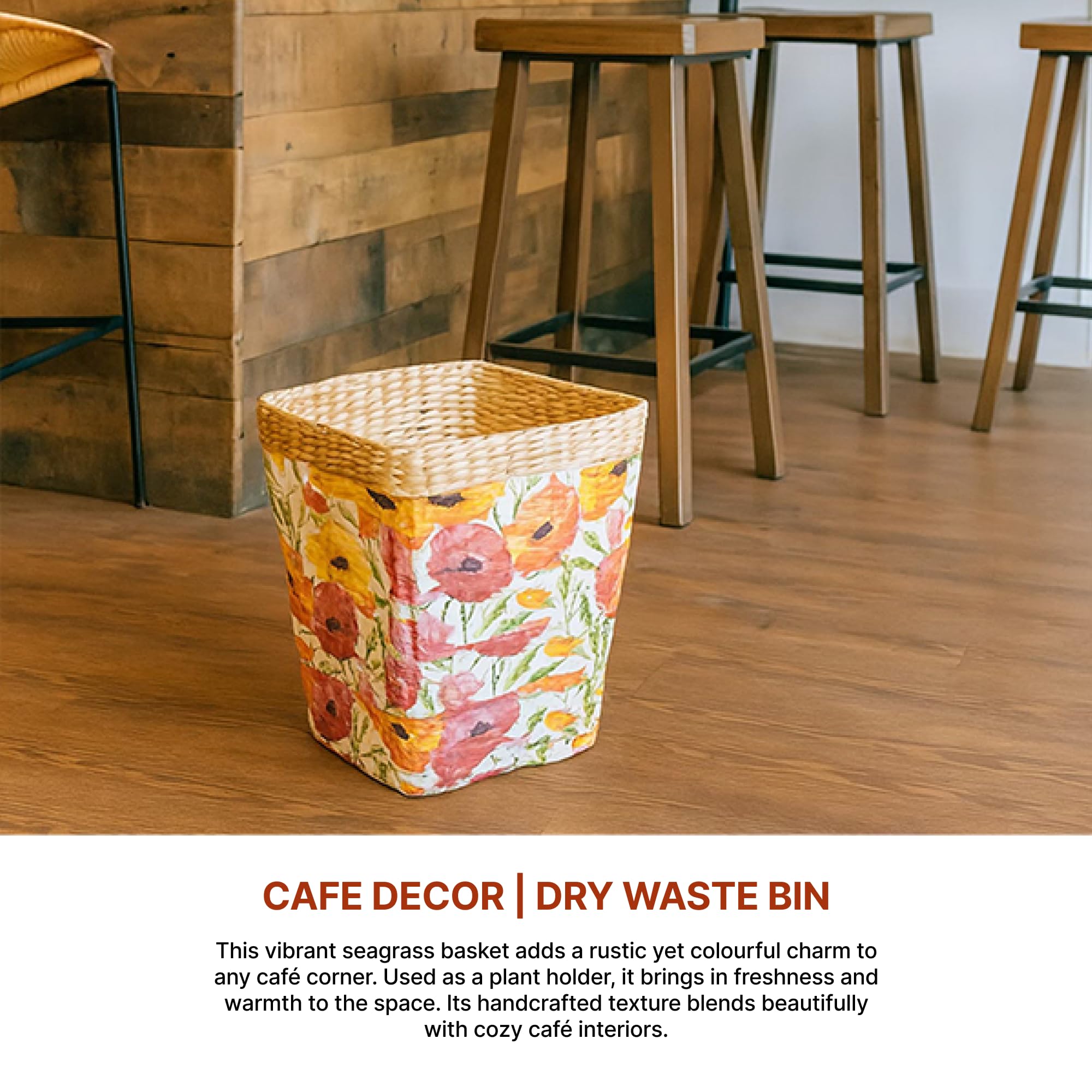 Habere India-All the Cultures Fabricating India Waste Bin | Paper Bin | Home & Office Dustbin | Trash Can Basket | Trashcan for Dry Waste | Seagrass Dustbin (Design 01- L26 x W26 x H25 cm) 1