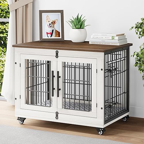 Mueble de jaula para perros con cojín, perrera de madera para interiores con puertas dobles, jaula para perros con ruedas, mesa auxiliar lateral de