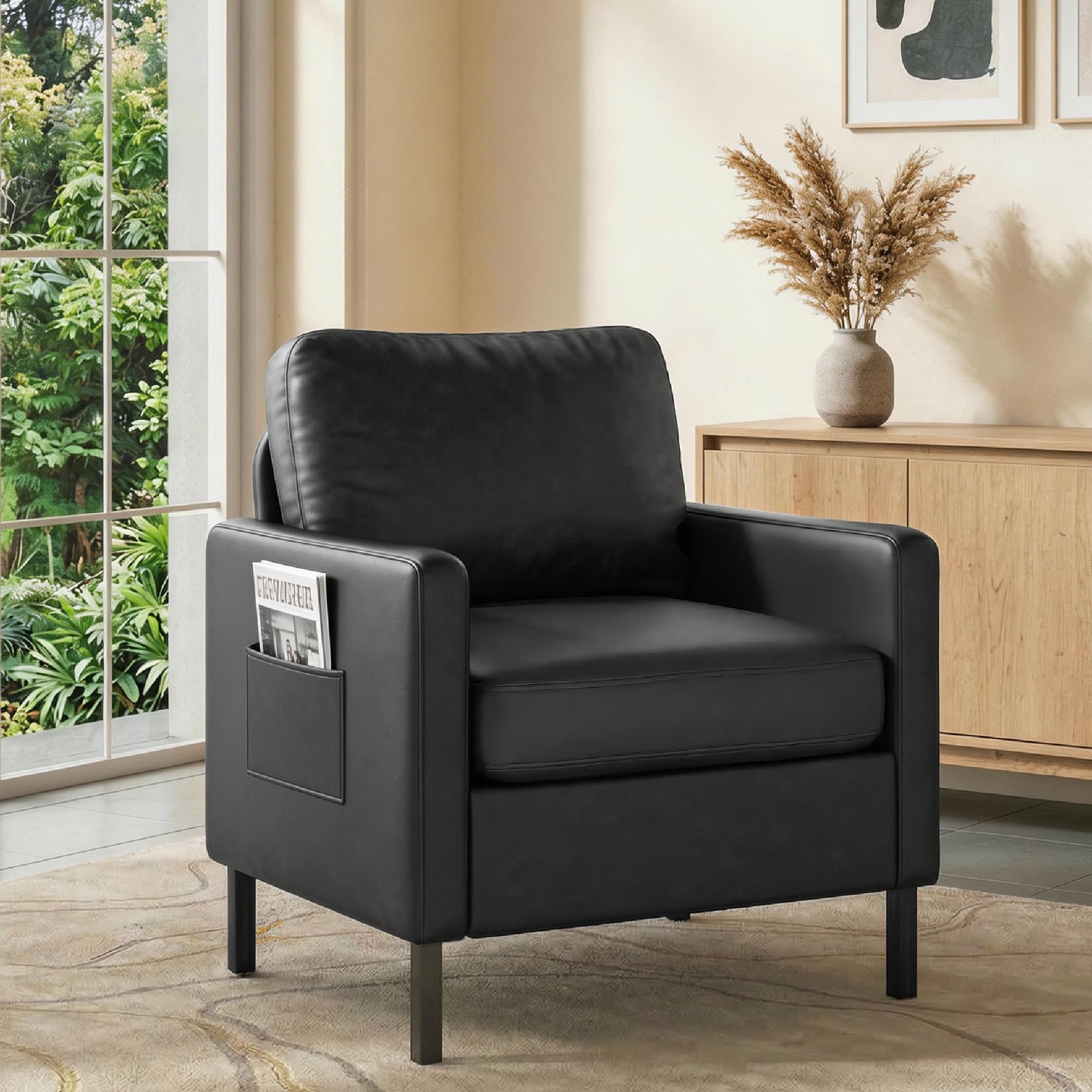 AODAILIHB Black Leather Accent Chair, Modern Accent Chairs with Arms, Small Chair with 2 Pocket/Thick Cushion Comfy Single Seat Sofa Couch for Living
