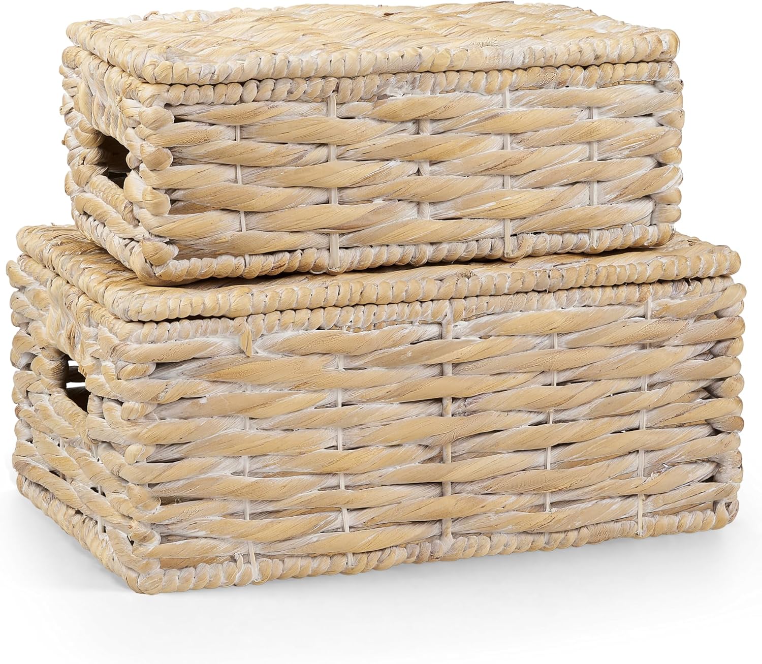 Set of 2 Wicker Baskets with Lid - Decorative Storage Boxes for Home Decor, Shelves - Woven Basket with Lid - Wicker Decor - Rattan Box - Decorative Bins with Lids (Natural)