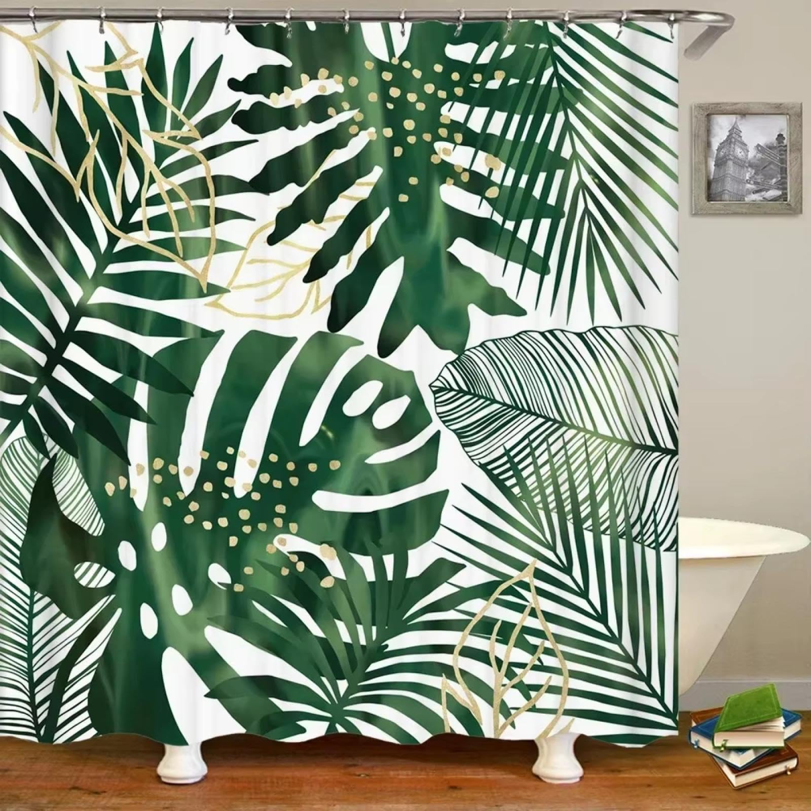 3D-gedruckte grüne Tropische Pflanzen Duschvorhänge Badezimmer wasserdicht Polyester Blätter Badewannenvorhänge Dekor 129x180cm/WxH